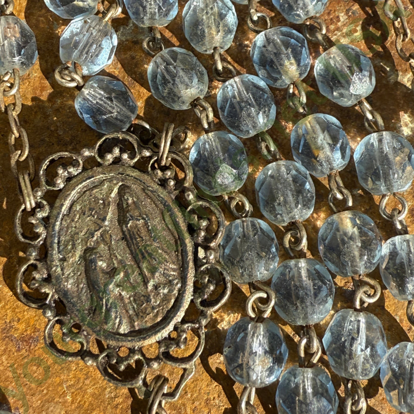 Vintage Blue Glass Bead Reliquary Holy Water Catholic Rosary - Religious Jewelry for Prayer, Meditation & Devotional Gifts