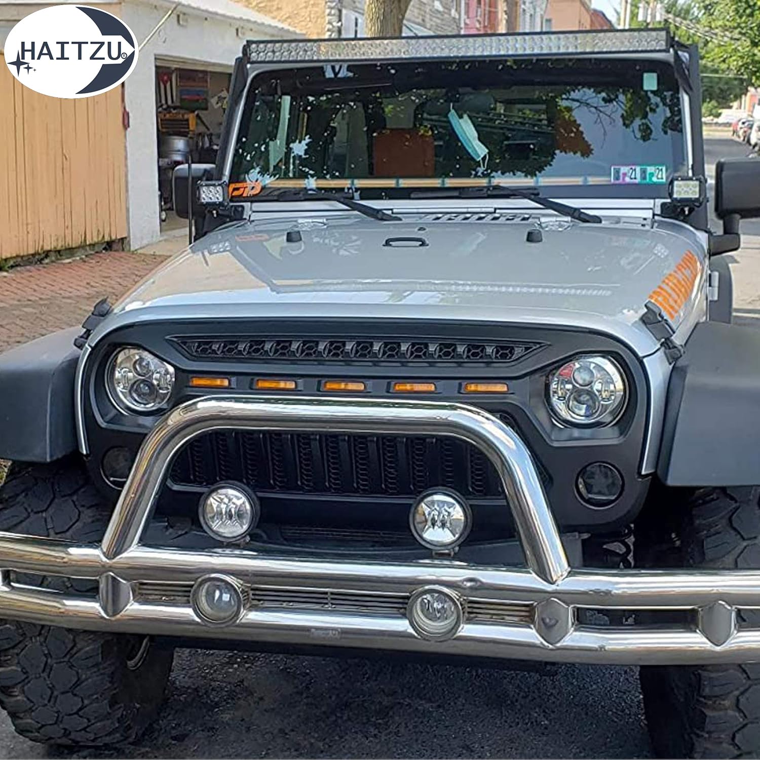 Jeep Wrangler JK & JKU Angry Face Grill (2007-2018) - Matte Black with 5 Amber Lights | Compatible with Rubicon, Sahara, Sport Models | Off-Road & Custom Jeep Accessories Upgrade