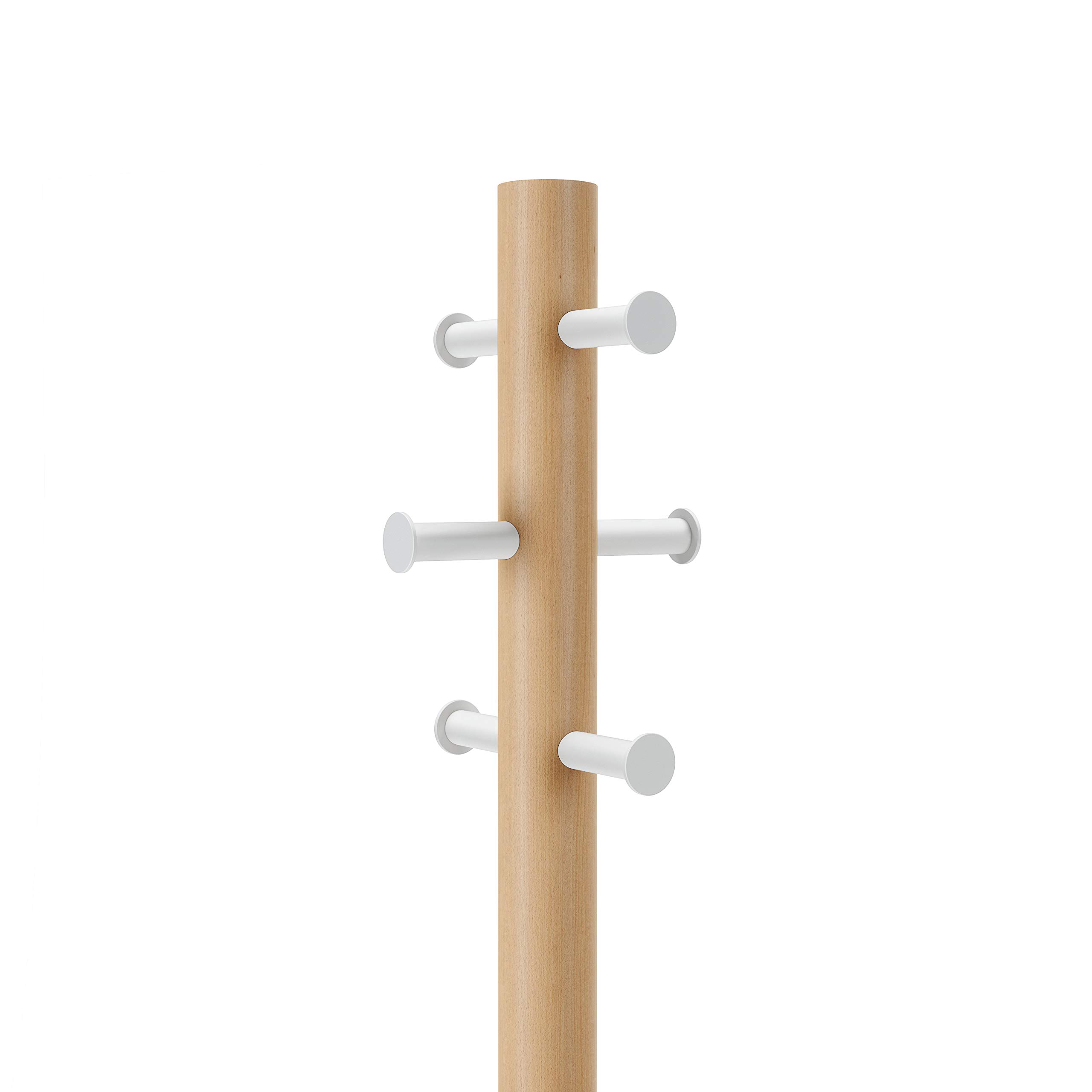 Umbra Pillar Coat Rack - Modern Wooden Entryway Organizer for Jackets, Hats & Umbrellas | Space-Saving Wall Mounted Storage Solution for Hallway, Bedroom or Mudroom | White/Natural Finish