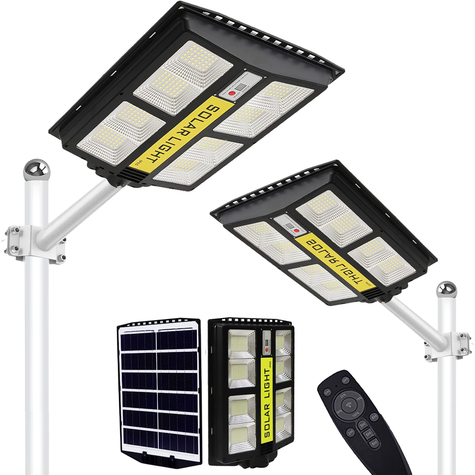 600W Solar Street Lights Outdoor - Dusk to Dawn Motion Sensor Security Lights with Remote Control, 2X300W Solar Powered LED for Parking Lots, Backyard, Park | Weatherproof & Adjustable Telescopic Pole for Easy Installation
