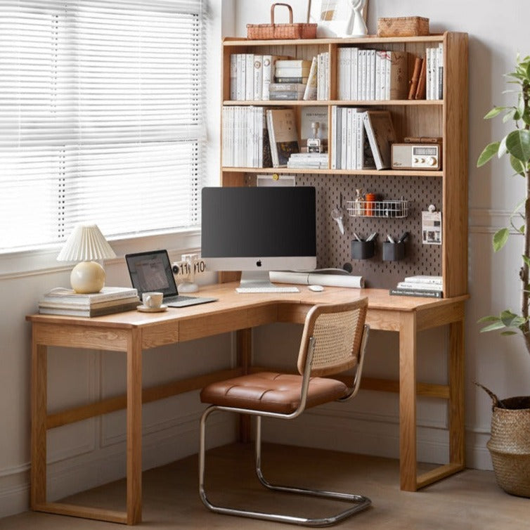 Solid Oak Wood L-Shaped Corner Office Desk - Modern Home & Office Workspace Solution for Productivity & Comfort