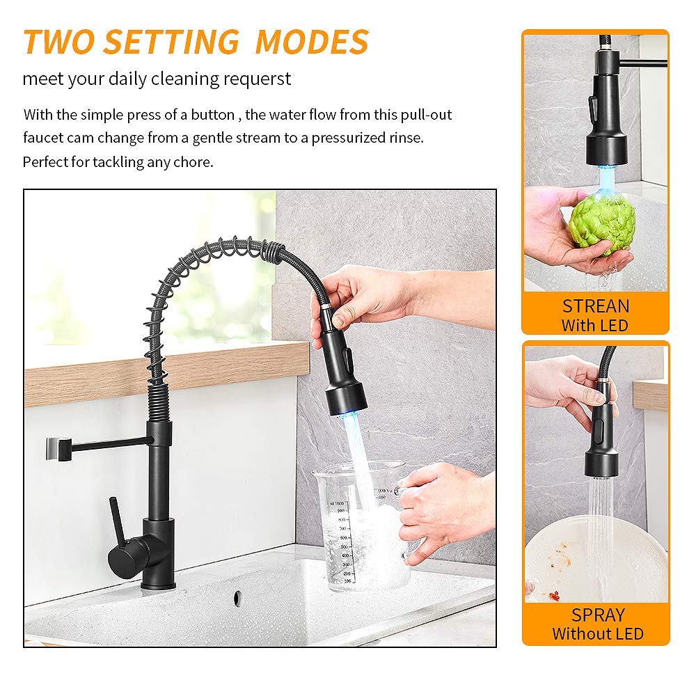 OWOFAN Matte Black LED Light Pull Down Kitchen Sink Faucet with RO Water Filter Faucet Bundle - Modern Touchless Sprayer for Easy Dishwashing & Water Filtration in Home Kitchen