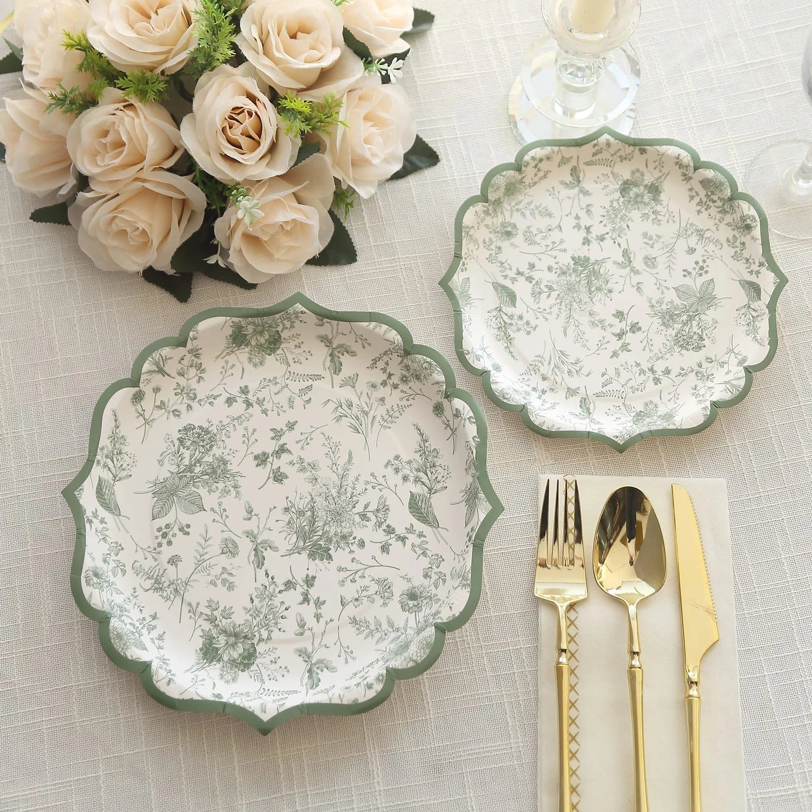 25-Pack White and Sage Green Floral Leaf Print Paper Plates with Scalloped Rim - Elegant Disposable Tableware for Weddings, Baby Showers & Garden Parties