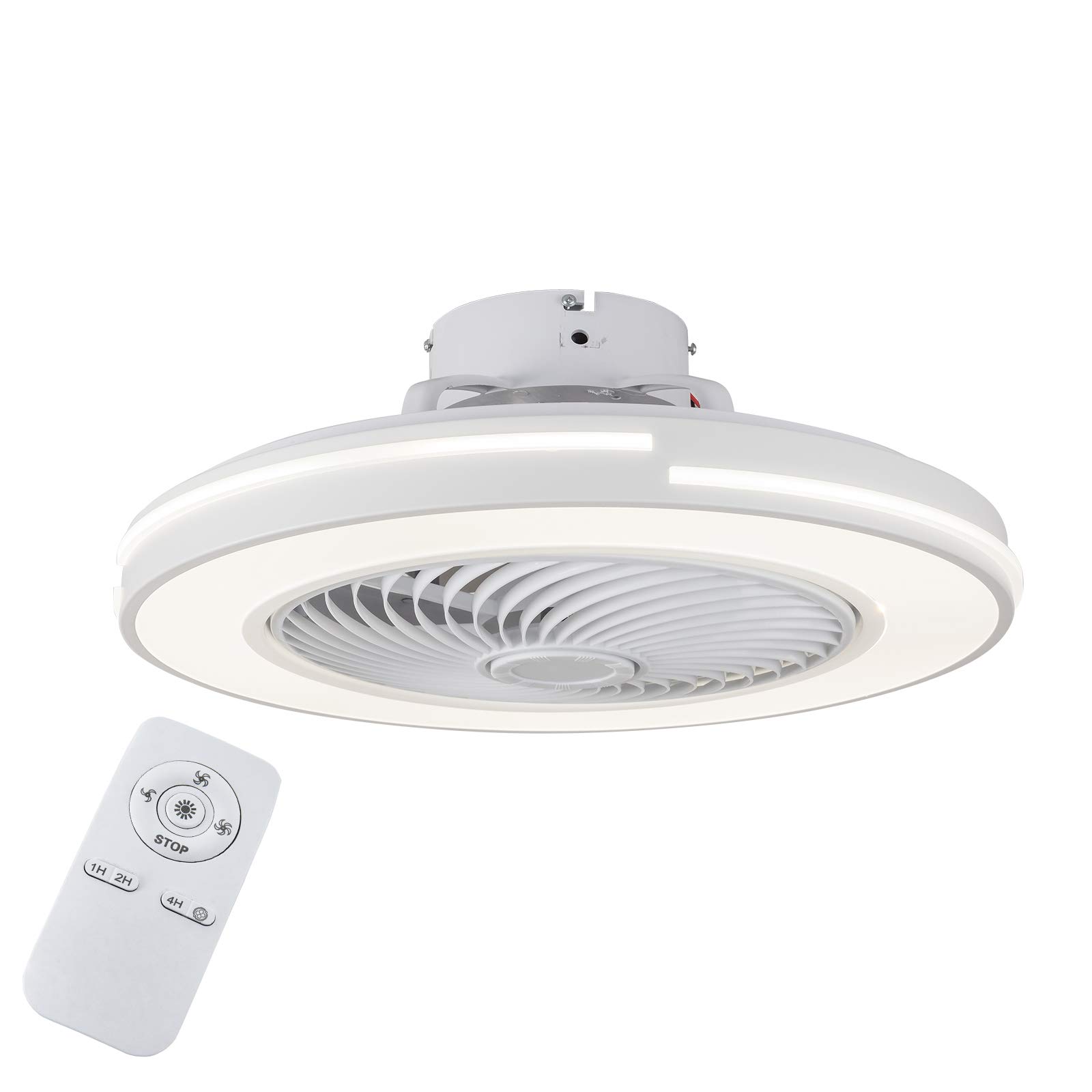 Modern LED Flush Mount Ceiling Fan with Light - Remote Control, Dimmable, Hidden Blades, Low Profile - Adjustable Speed - White (US Stock) - Perfect for Bedroom, Living Room, and Office Lighting