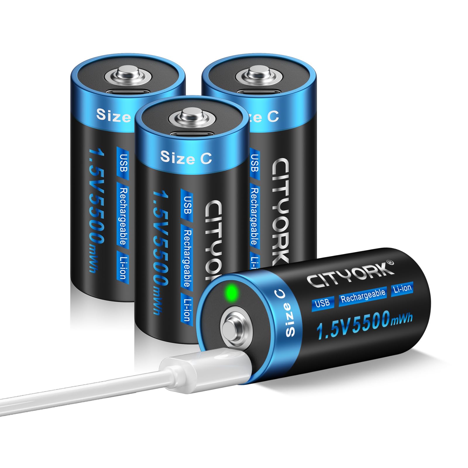 CITYORK 4 Pack USB Rechargeable C Lithium Batteries 1.5V Constant Output, 5500mWh High Capacity C Size Batteries with 4-in-1 Type-C Cable - Perfect for Flashlights, Toys, Cameras & Electronic Devices