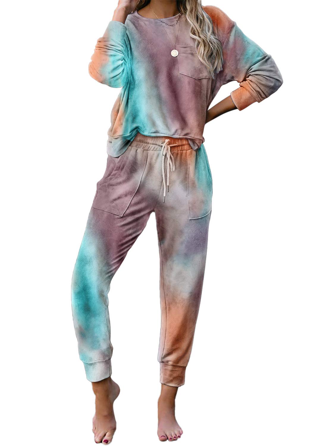 Dokotoo Women's 2023 Floral/Striped/Tie-Dye Print Pajama Set - Long Sleeve Sleepwear & Lounge Outfit with Pockets - Cozy Nightwear for Relaxing at Home, Sleepovers, and Vacation Comfort