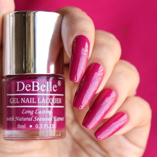 DeBelle Gel Nail Polish - Camellia Berry Dark Pink Long Lasting Nail Lacquer | Seaweed Enriched, Chip Resistant Formula | No UV Light Needed | 8ml Bottle | Perfect for Salon Quality Manicures at Home or Professional Nail Art
