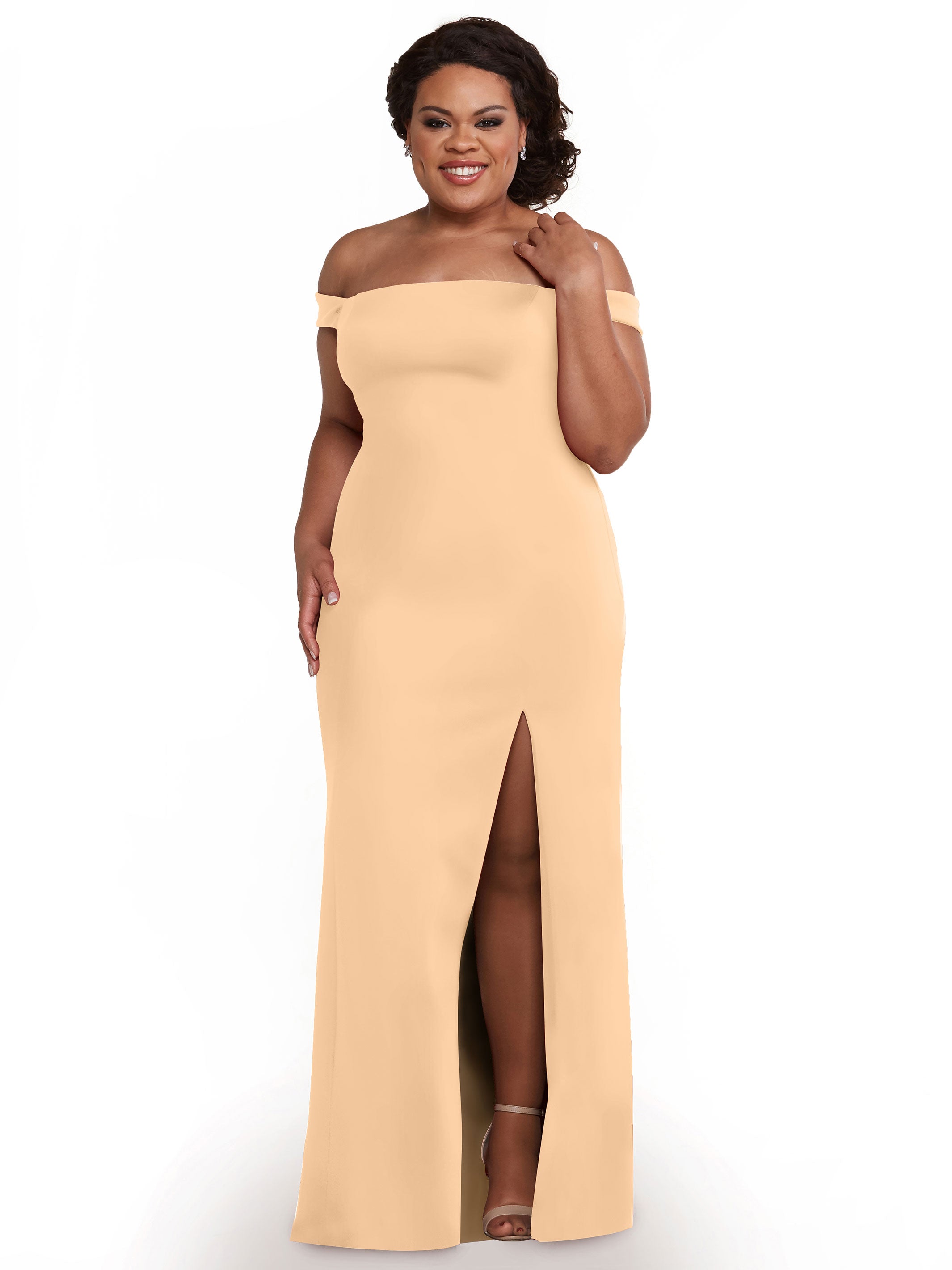 Elegant Off-the-Shoulder Double Knit Bridesmaid Dress with Thigh Slit - Perfect for Weddings, Prom & Formal Events