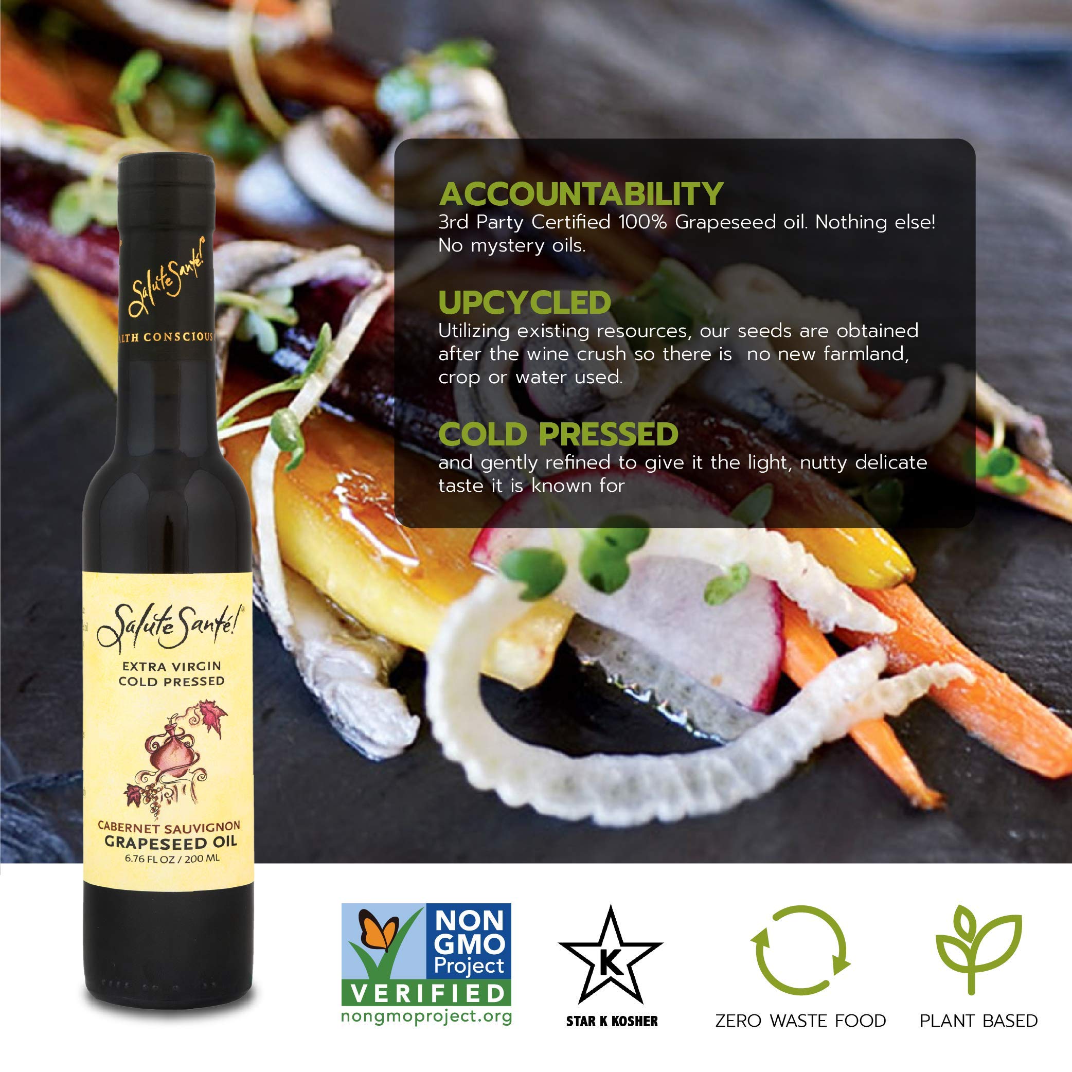 Premium Cold Pressed Extra Virgin Cabernet Sauvignon Grapeseed Oil - 6 Pack (200ml Each) | Vegan, Non-GMO Cooking Oil for Salad Dressings, Marinades & Gourmet Finishing | Healthy High Heat Oil for Baking, Sautéing & Skin Care | Salute Sante! Brand