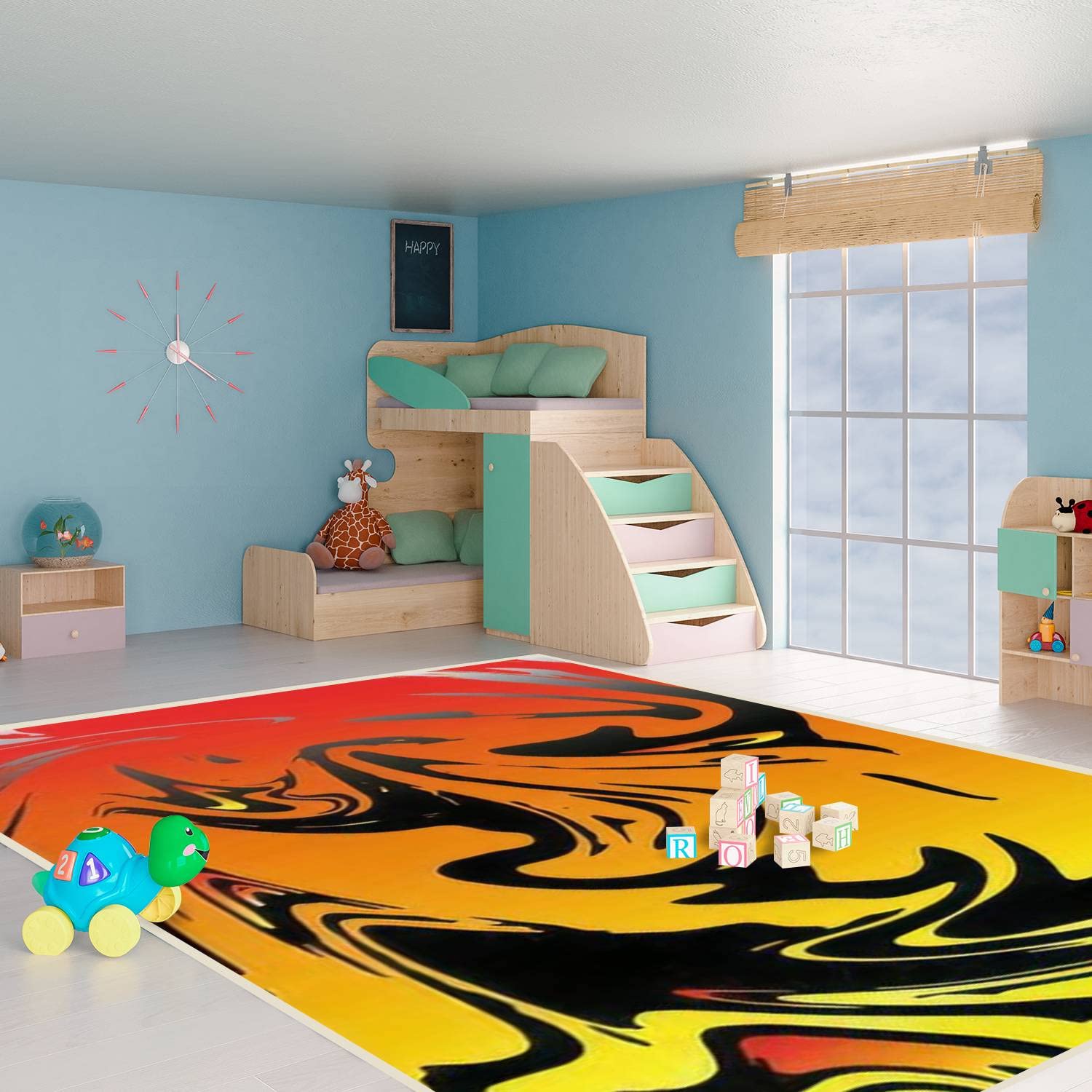 Non-Slip Modern Abstract Tie Dye Area Rug - Red, Yellow & Orange Stain Resistant Carpet for Living Room, Bedroom Decor | Indoor/Outdoor Home Mat Perfect for High-Traffic Areas & Cozy Spaces