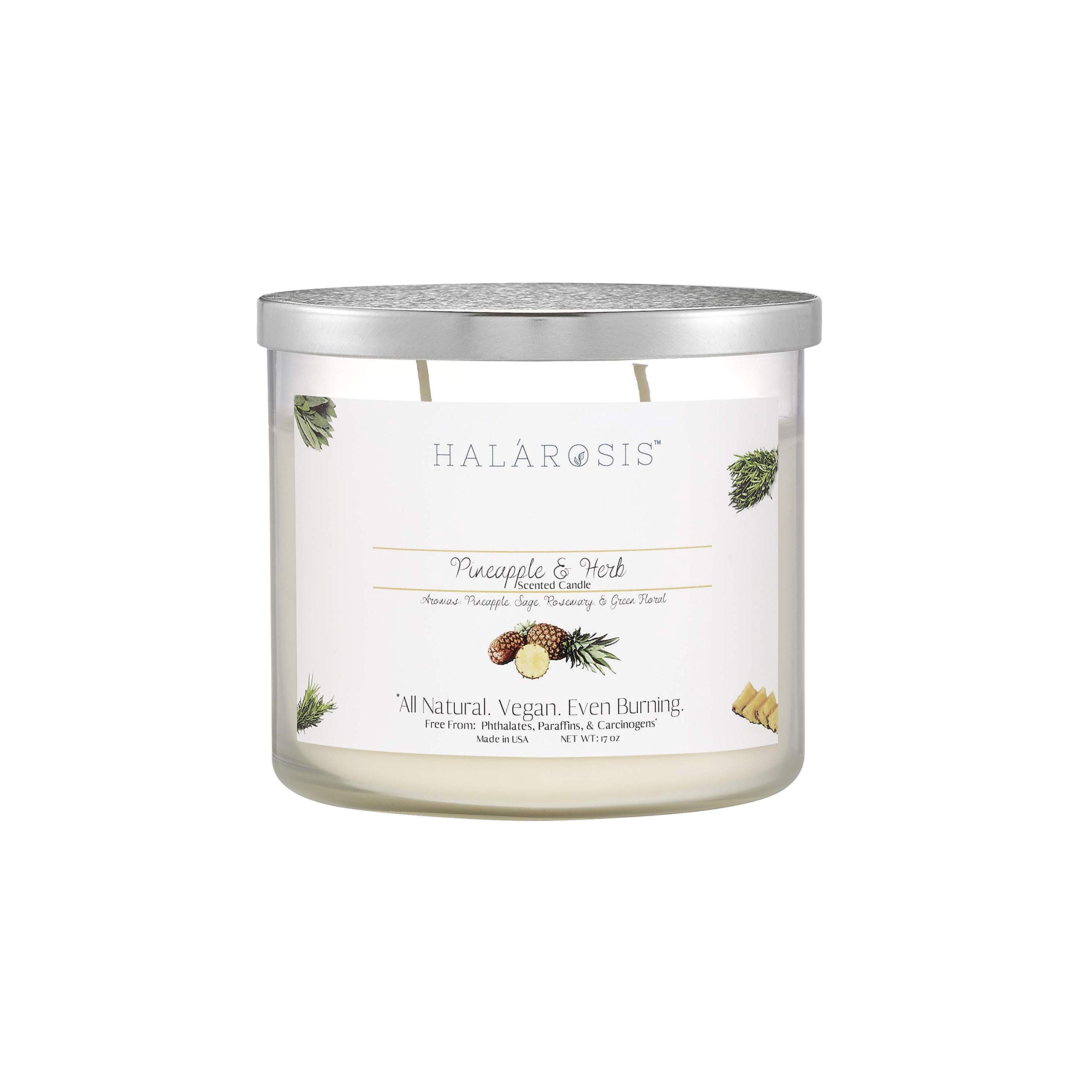 Halarosis Premium Soy Candles - 60-Hour Long Burning Pineapple & Herb Scented Candle (17 oz) with Cotton Wick - Perfect for Home Fragrance, Birthday Gifts, Housewarming & Special Occasions - Ideal for Living Room, Bedroom, Spa Relaxation & Romantic Dinners