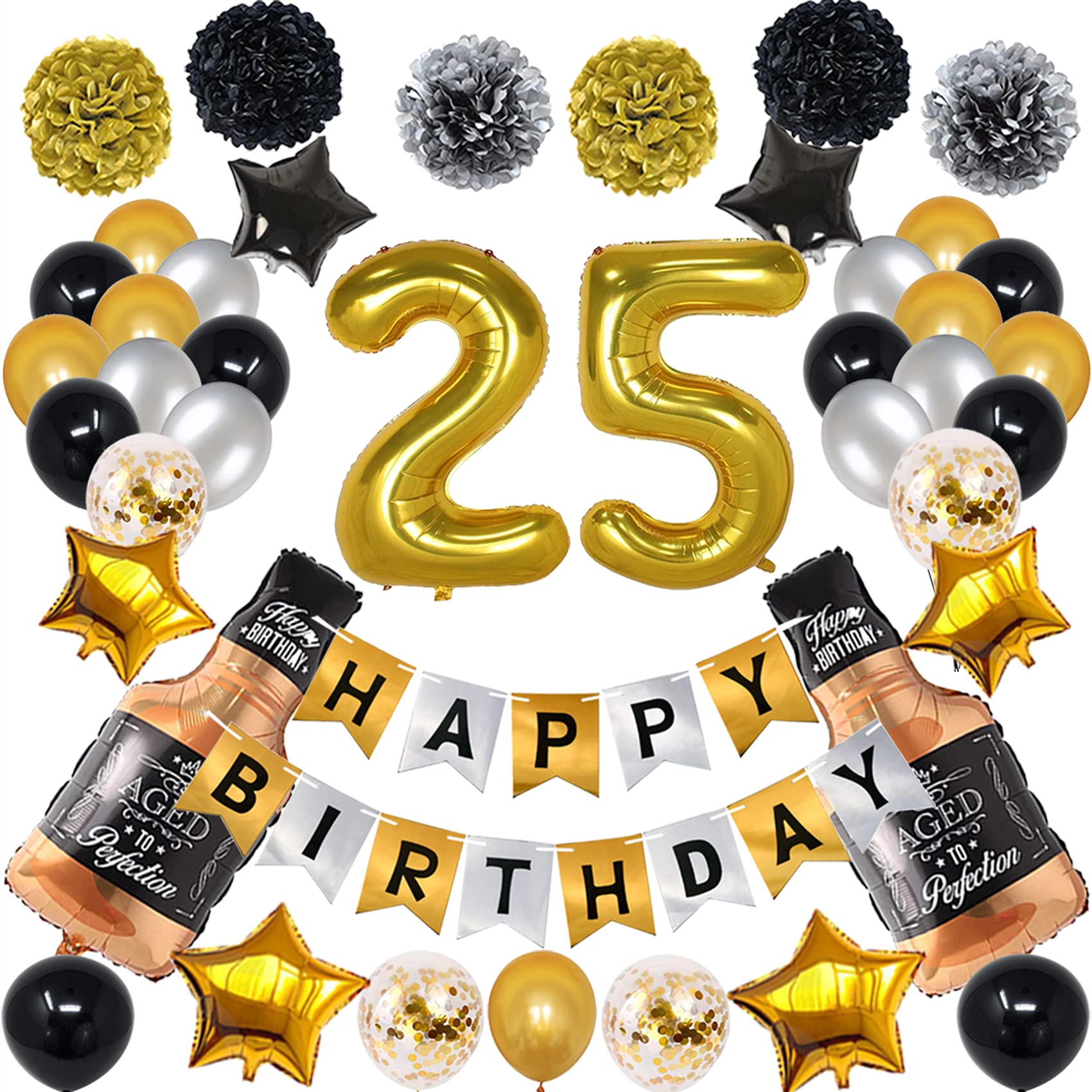 25th Birthday Decorations Gold & Black - 25 Happy Birthday Party Set with Gold Number Balloons & Banner for Men & Women | Anniversary Celebration, Milestone Party Decor