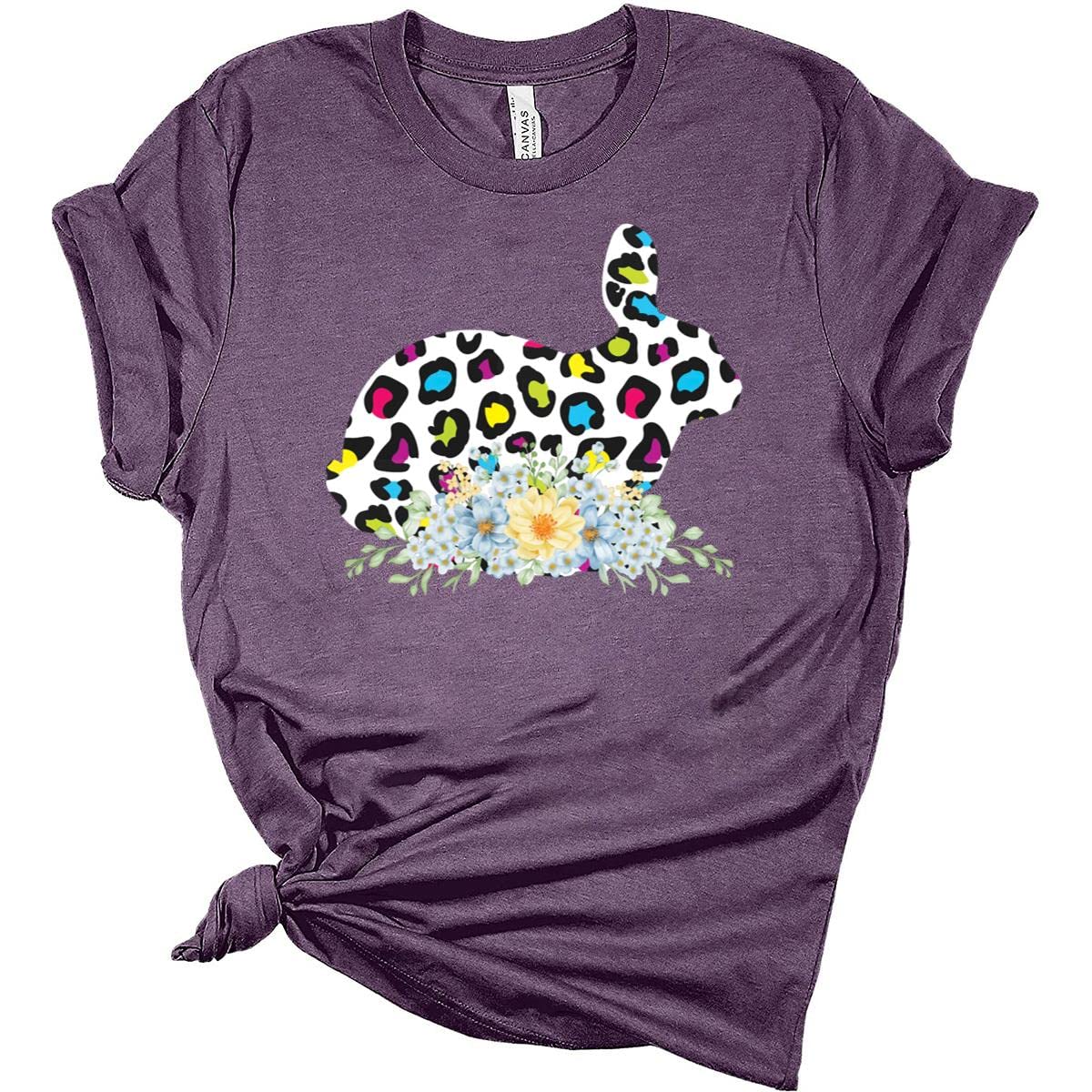 Easter Bunny Floral Leopard Print Women's T-Shirt - Cute Spring Tee for Easter Celebrations, Family Gatherings & Casual Outfits