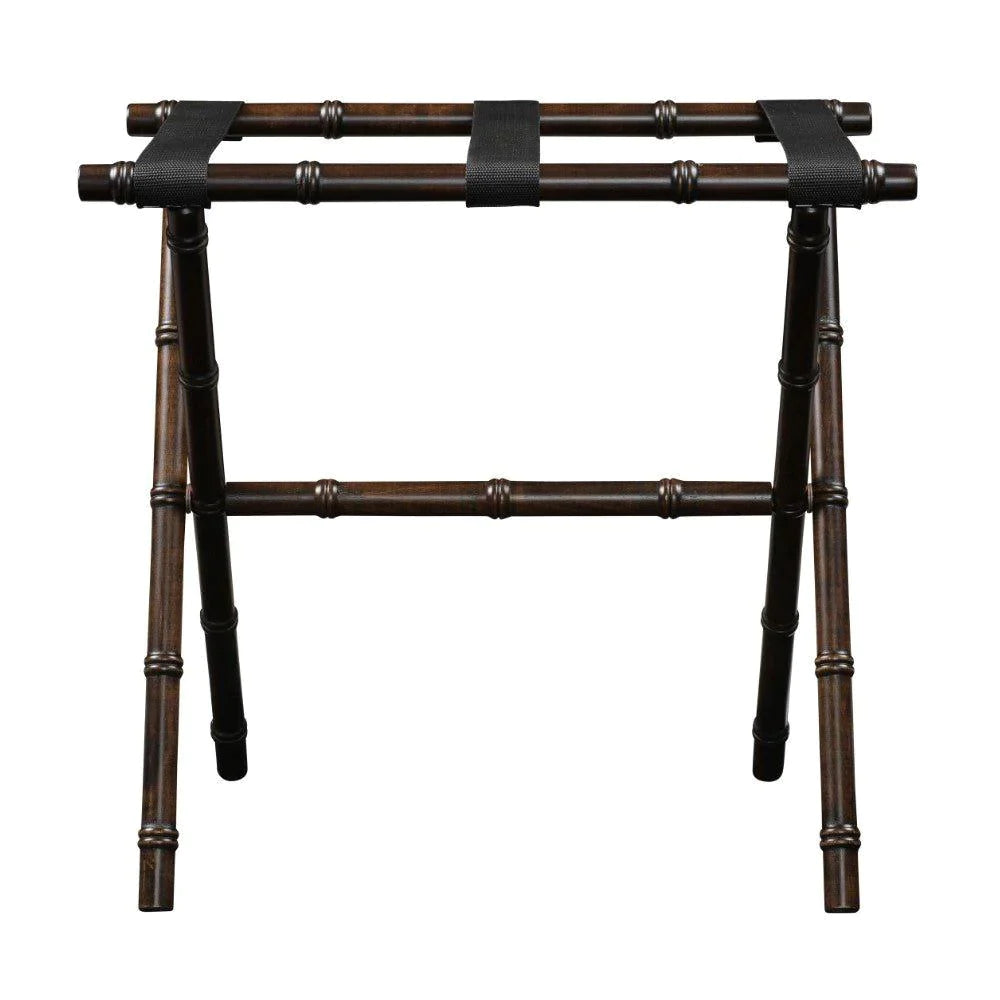 Dark Walnut Bamboo-Inspired Wooden Luggage Rack with 3 Adjustable Black Nylon Straps - Sturdy Suitcase Stand for Bedroom, Hotel, or Travel Storage
