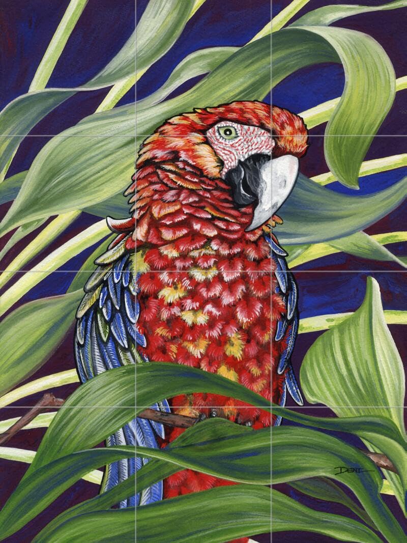 Hand-Painted Ceramic Backsplash Tile Mural - Tropical Scarlet Macaw Bird Design for Kitchen, Bathroom & Shower - Waterproof & Durable - Perfect for Home Renovation & Spa-Style Decor - by Denise Freeman