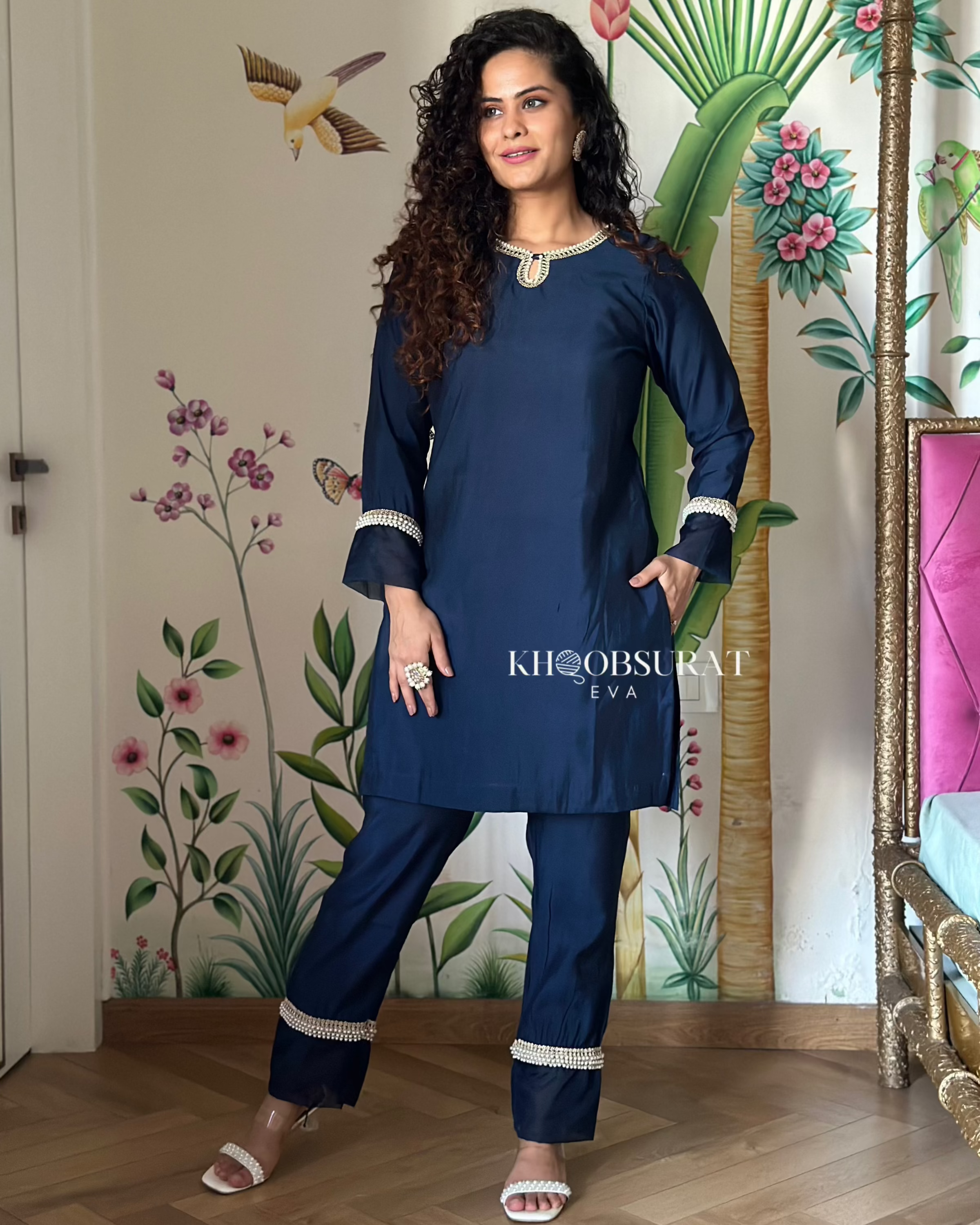 Royal Blue Pearl Embroidered Kurta Set for Women - Elegant Indian Ethnic Wear for Festivals, Weddings & Special Occasions