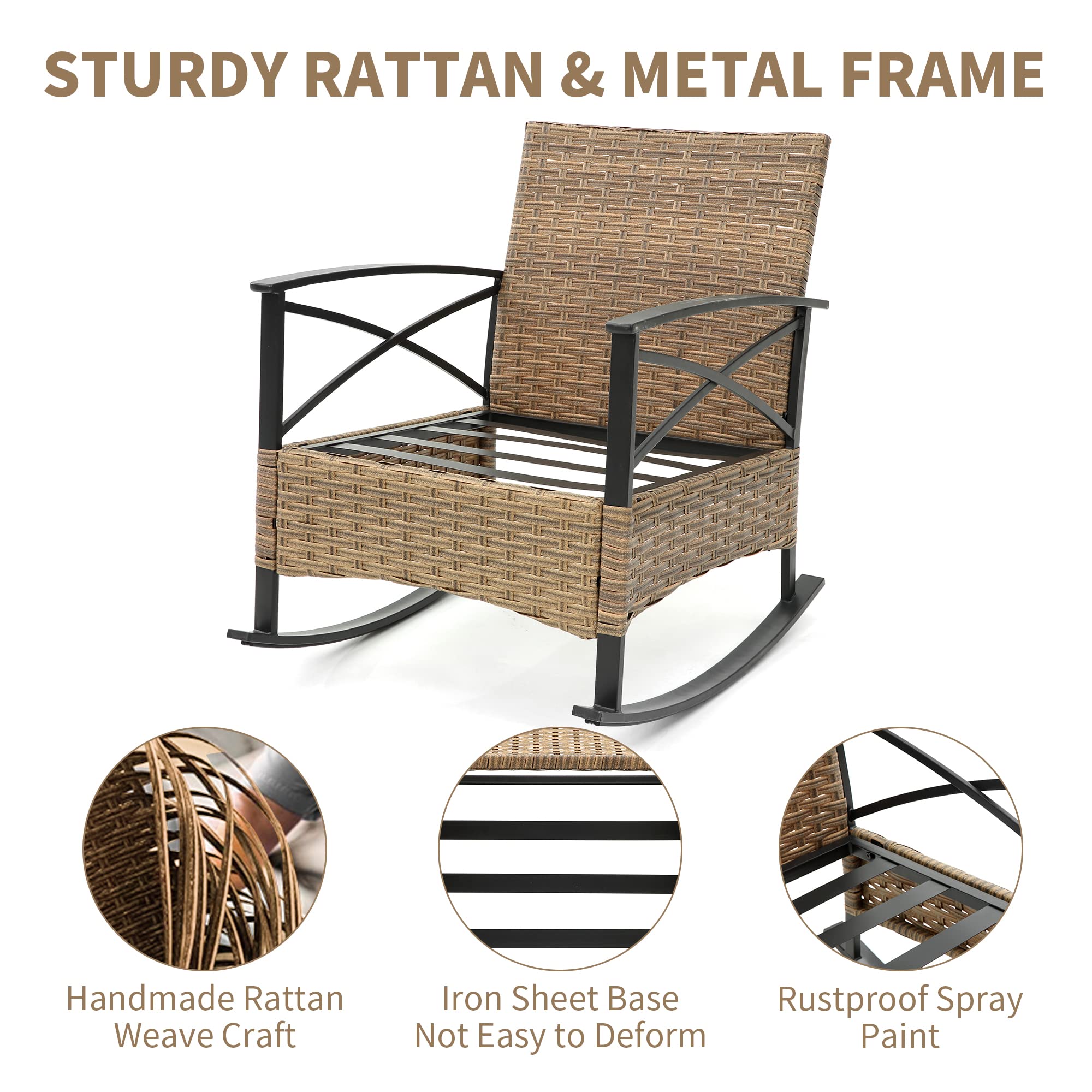 HOMEFUN 3-Piece Outdoor Patio Furniture Set - 2 Rocking Chairs with Thick Cushions, Durable Porch & Backyard Seating for Relaxing, Garden, Deck, Poolside