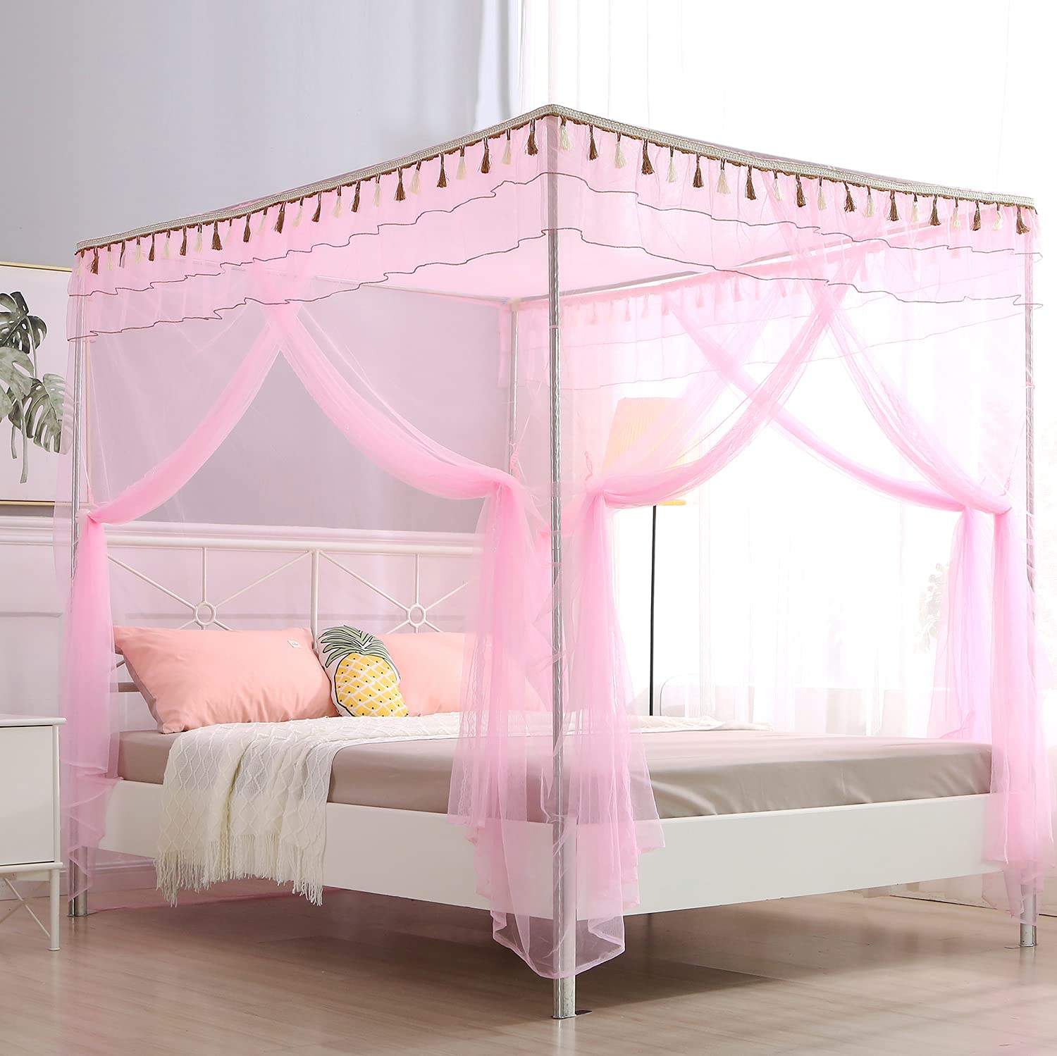 JQWUPUP Twin Bed Canopy with Ruffle Tassel - Pink Princess Bed Netting for Girls & Adults - Romantic Bedroom Decor for Twin Beds - Perfect for Kids Rooms, Dorm Decor & Boho Bedroom Design