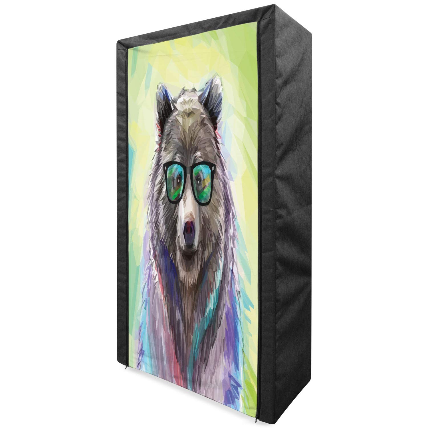 Ambesonne Funny Bear Print Portable Fabric Wardrobe - 33.5 Inch Clothing Organizer with Shelves, Lime Green & Purple Animal Themed Storage Closet for Bedroom, Dorm, Kids Room | Hipster Bear Spectacles Colorful Portrait Design