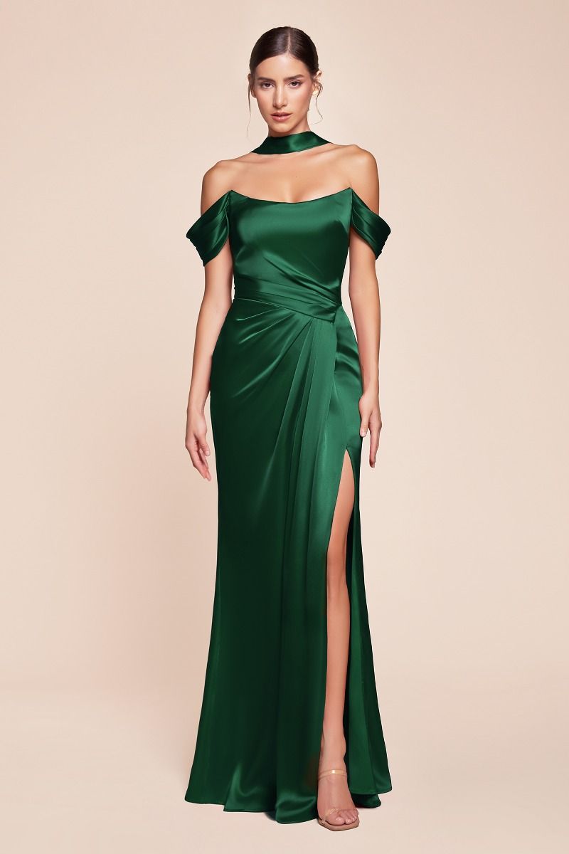 Emerson Emerald Off-the-Shoulder Lace-Up Corset Luxe Satin Evening Gown for Prom, Wedding & Formal Events