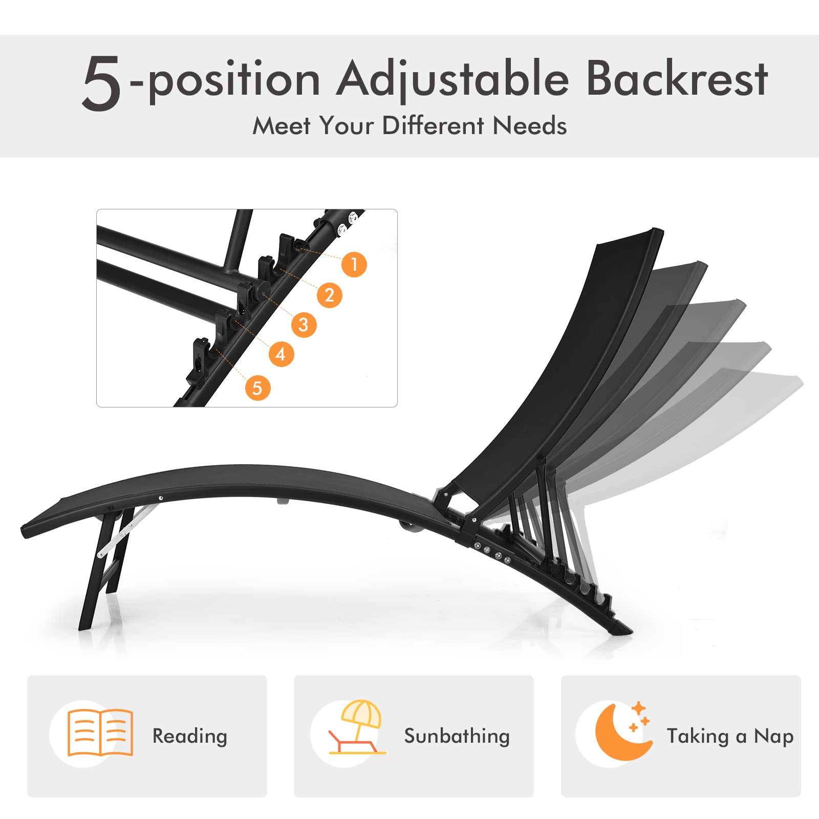 Giantex Outdoor Chaise Lounge Set of 2 - Foldable Pool Lounge Chairs with 5-Position Adjustable Backrest, Quick-Drying Fabric - Patio Lounger for Backyard, Beach, Lawn & Sunbathing - Perfect for Poolside Relaxation, Summer Vacation & Outdoor Lounging (Black)