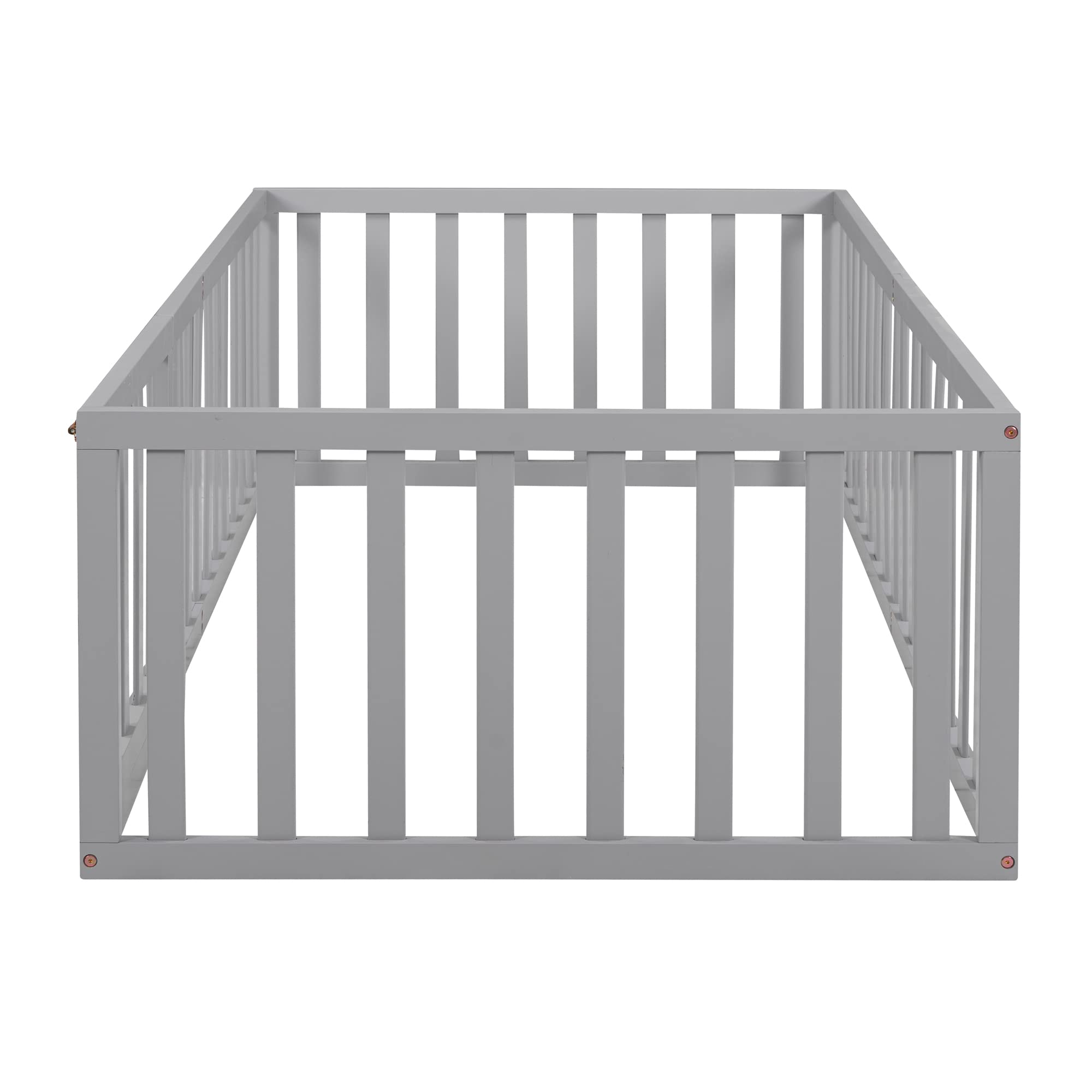 Montessori Twin Floor Bed with Safety Rails & Door - Wooden Low Profile Bed Frame for Kids, Girls & Boys - Grey - Perfect for Toddler Rooms, Daycare & Montessori Classrooms