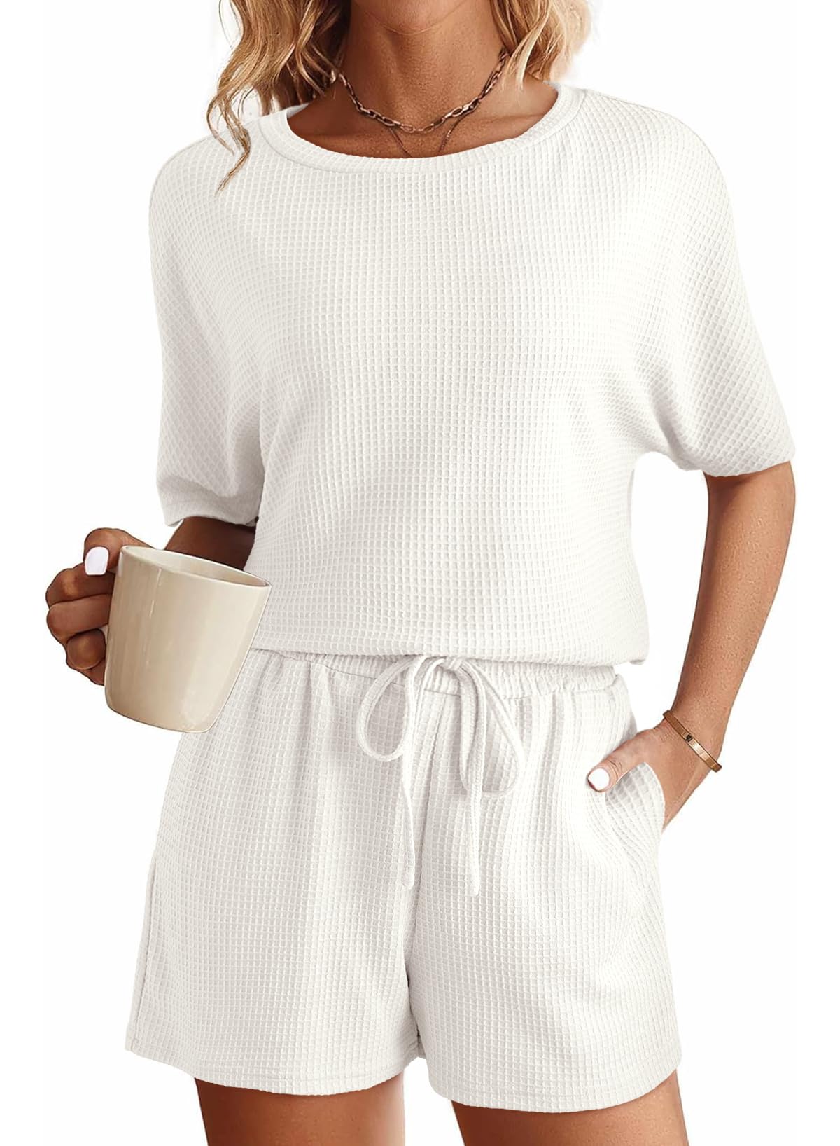 SHEWIN Women's Waffle Knit Pajama Set - 2 Piece Loungewear Outfit with Pockets | Cozy Sleepwear & Lounge Sweatsuit for Home Relaxation, Sleepovers, and Casual Wear