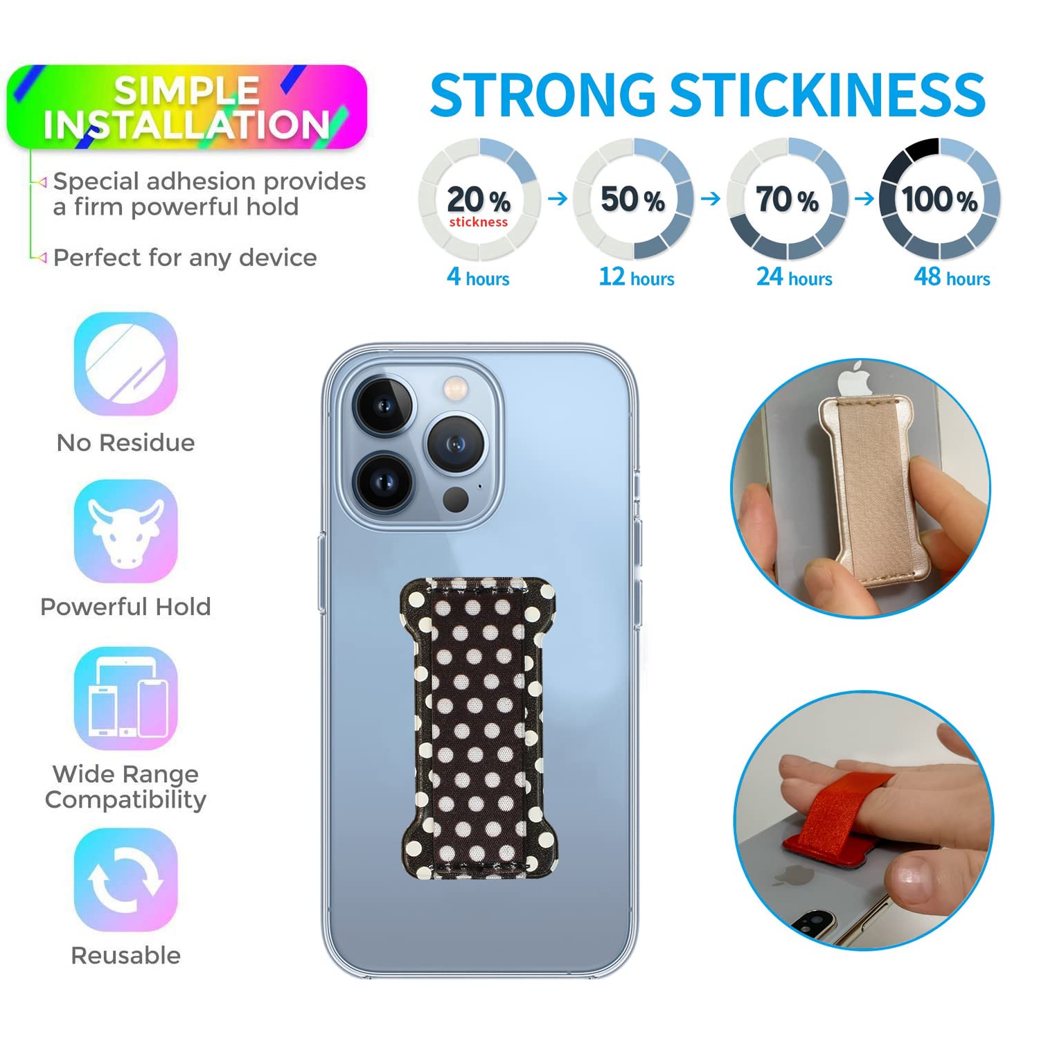 Ultra Thin Anti-Slip Finger Strap Phone Holder - Universal Cell Phone Grip Band for Secure One-Handed Use (2-Pack, Dot Black) | Perfect for Gym, Running, Commuting & Everyday Phone Protection