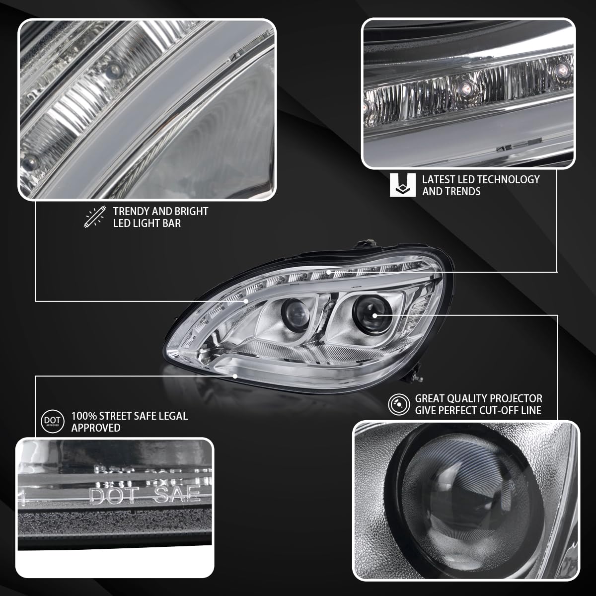 AUTOZENSATION Compatible with 1998-2006 Mercedes-Benz W220 S-Class Headlights Assembly - Left & Right Pair Chrome Projector Headlights with LED Signal Lights | Upgrade for Night Driving & Enhanced Visibility