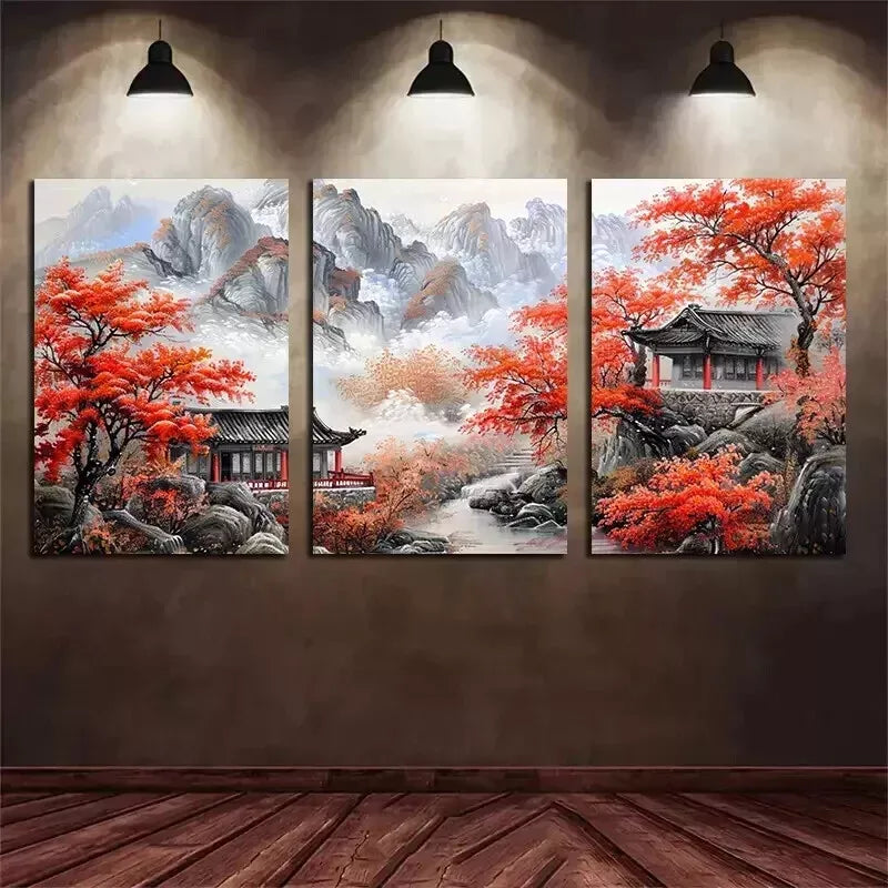 3-Piece Chinese Style Landscape Wall Art Set - Framed Canvas Prints 50x70cm - High Quality Handmade Wall Decor - Ready to Hang - Perfect for Living Room, Bedroom & Office Decor