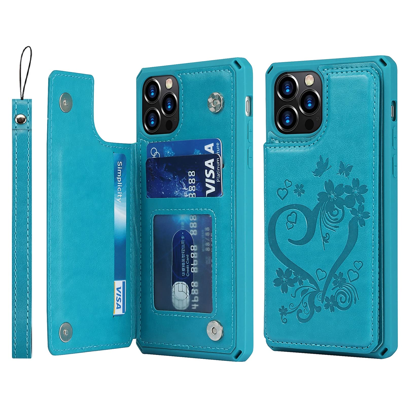 Premium PU Leather iPhone 12 Pro Max Wallet Case with RFID Blocking - Magnetic Flip Cover with Card Holder, Wrist Strap & Shockproof Protection (6.7 Inch, Heart Blue) | Perfect for Business, Travel & Daily Use