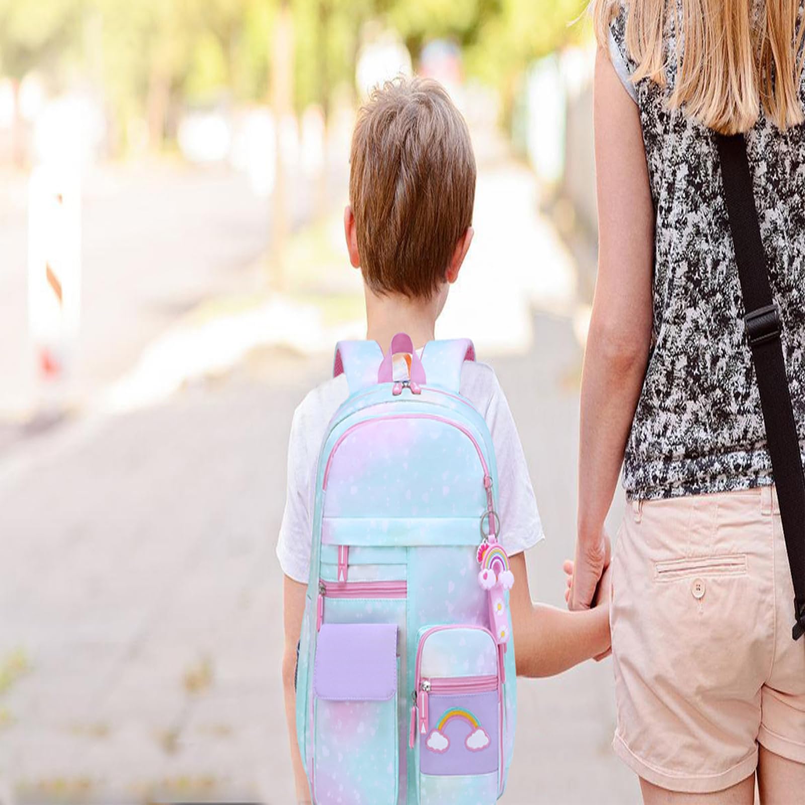 **Rainbow Girls School Backpack - Cute Kids Backpack for Back to School, Laptop & Travel, Includes Pencil Case (Blue Set) - Perfect for School, College, Day Trips & Outdoor Adventures**