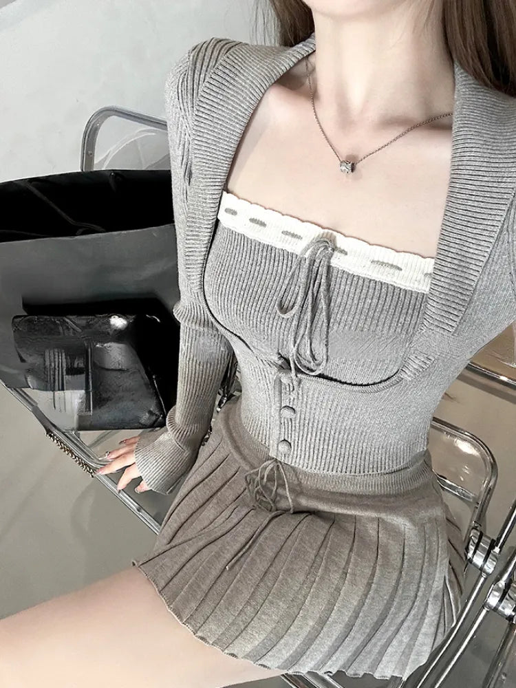 Grey Knitted Suit Set for Women | Y2K Crop Top Sweater & Slim Mini Skirt | Korean Fashion 3-Piece Outfit | Elegant Party Wear | Autumn 2024 Trendy Chic | Perfect for Date Night, Club Outings & Fall Fashion