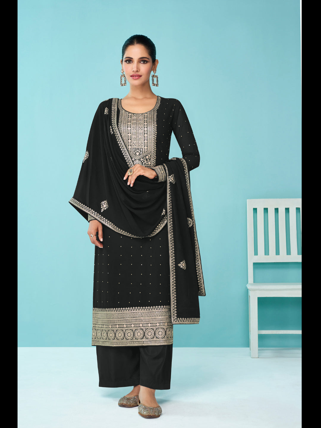 Elegant Black Pakistani Semi-Stitched Palazzo Suit with Exquisite Embroidery | Perfect for Weddings, Parties & Festive Occasions