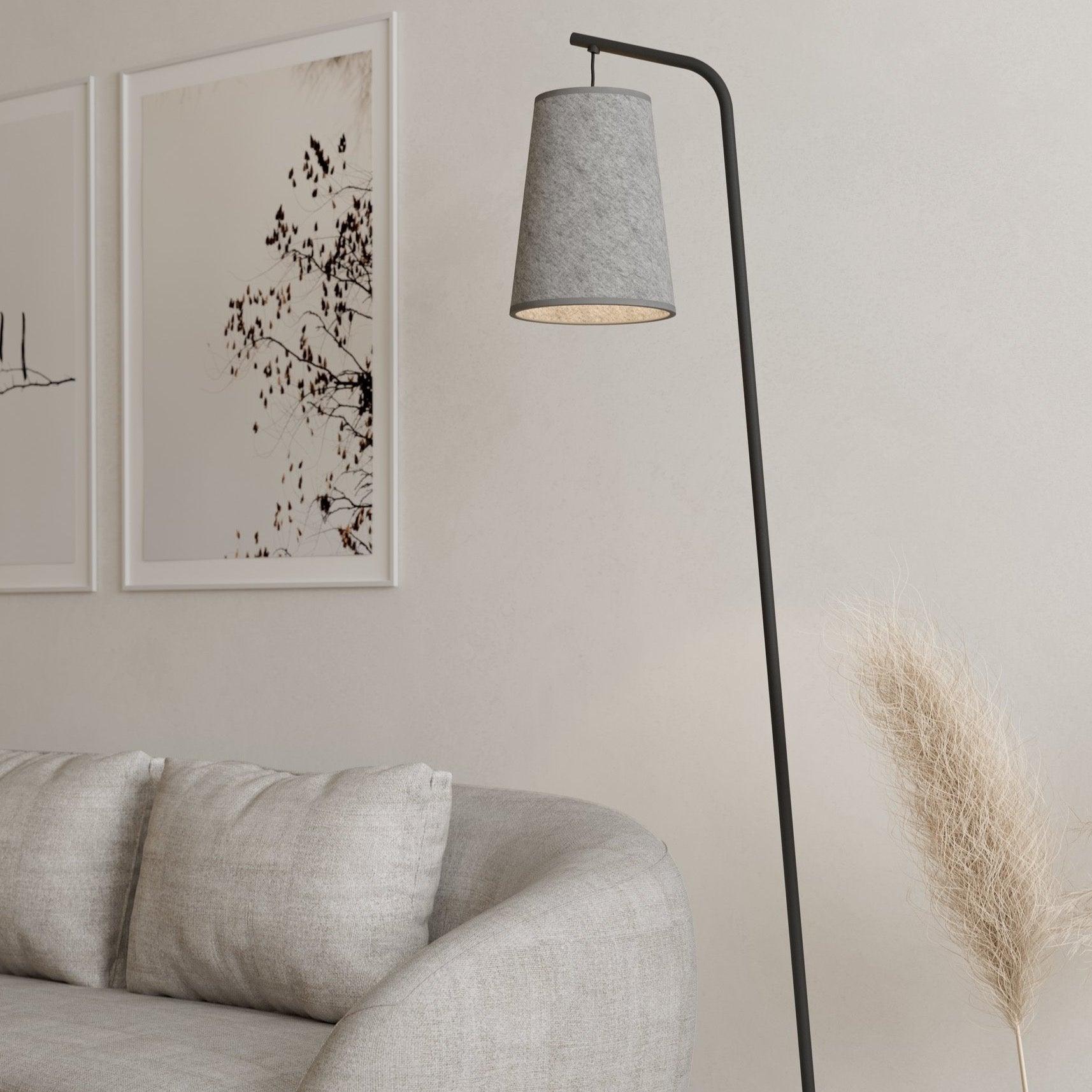 Eglo Alsager Modern Black Floor Lamp with Grey Felt Conical Shade - Tall Standing Light for Living Room, Bedroom, or Office Decor