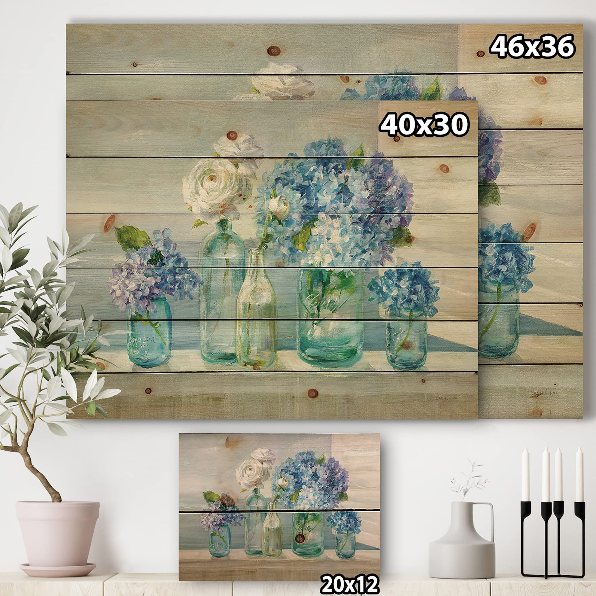 Nautical Coastal Wood Wall Decor - Blue Wood Wall Art with Floral Bouquets, Large Beach Wood Panels Printed on Natural Pine | Perfect for Beach House, Living Room & Coastal Home Decor