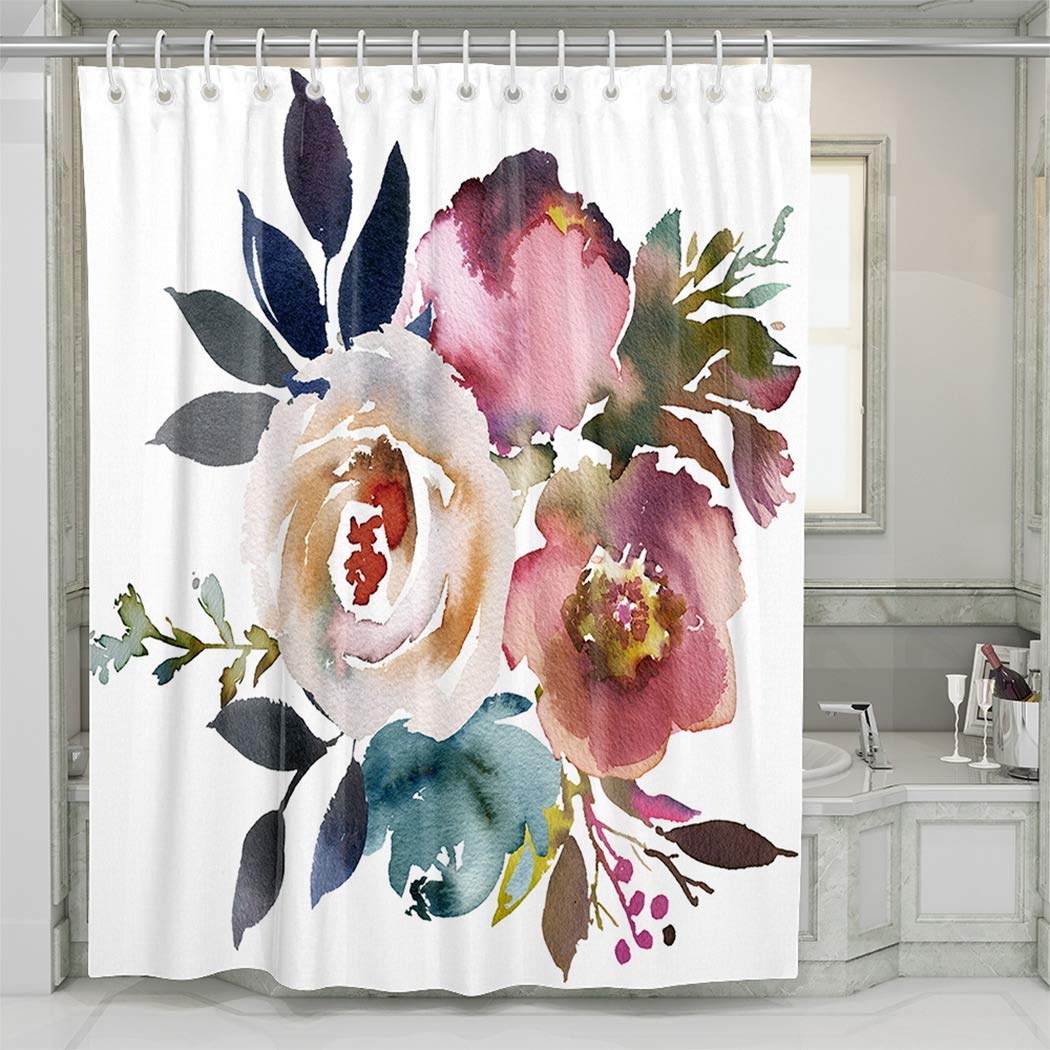 Watercolor Floral Shower Curtain - Dusk Blue, Pale Pink & Gray Round Bouquet Design - Extra Long 72x78 Inch Bathroom Decor - Perfect for Modern, Farmhouse & Boho Style Bathrooms