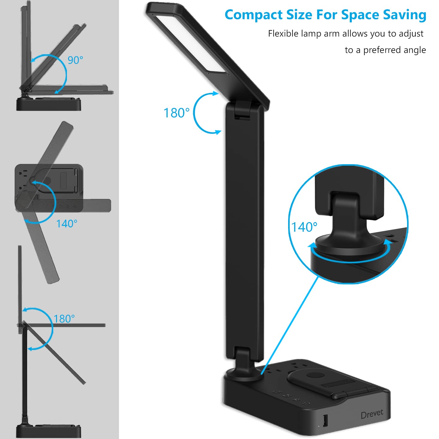 Drevet LED Desk Lamp with Wireless Charger & USB Port - 3 Lighting Modes, Adjustable Brightness, Touch Control - Foldable Eye-Caring Light for Home Office, Study, Reading & Nightstand Use
