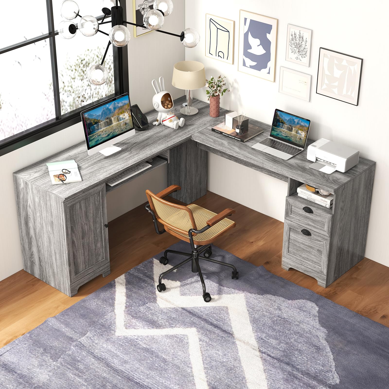 GOFLAME 66 Inch L-Shaped Computer Desk with Drawers & Cabinet - Spacious Corner Office Desk with Keyboard Tray, Ergonomic Gaming Workstation for Home Office, Study Room or Bedroom (Gray) - Perfect for Remote Work, Online Classes & PC Gaming Setup