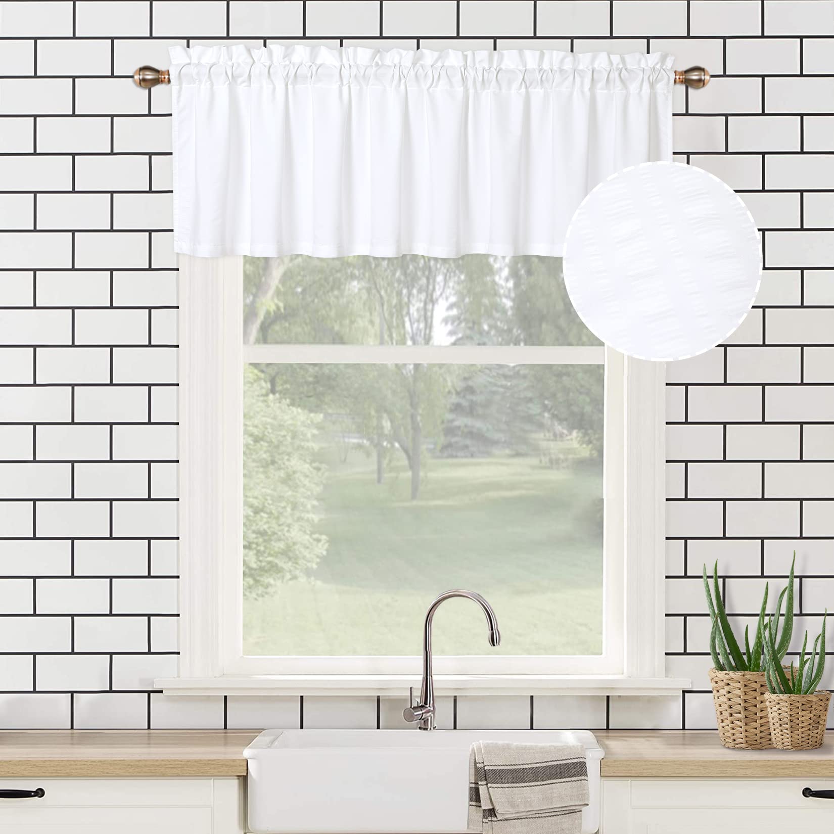 CAROMIO White Valance Curtains for Kitchen & Bathroom - Soft Microfiber Seersucker Fabric with Embossed Bubble Texture - Water Repellent Window Treatment (60