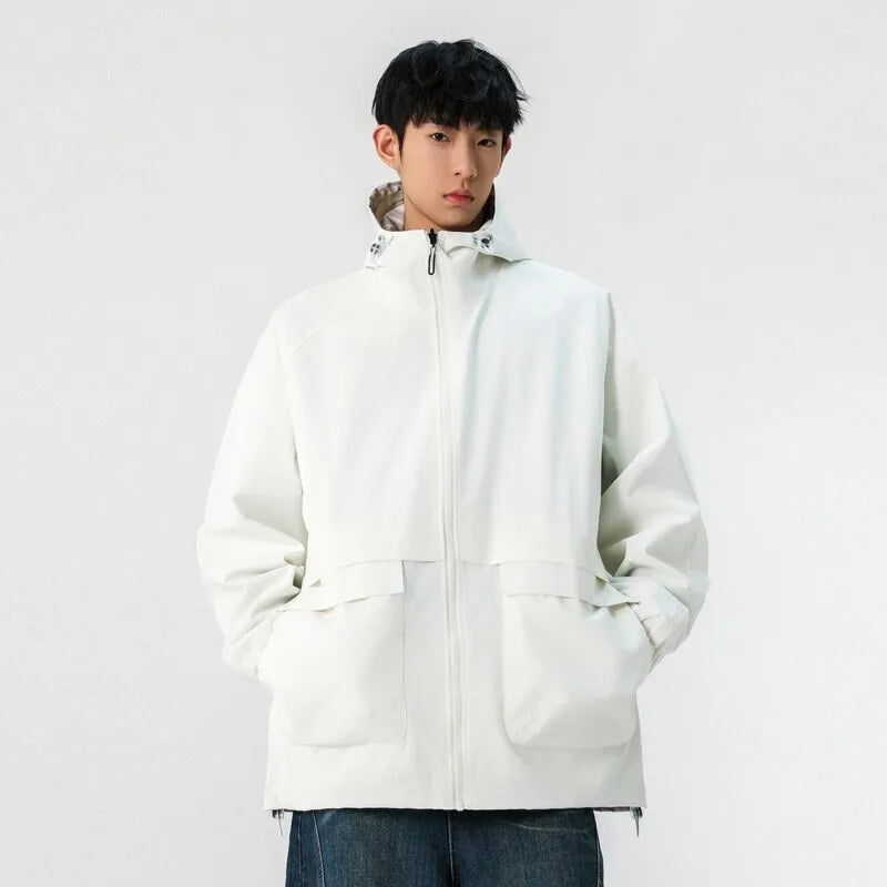 Men's Reversible Hooded Jacket - American Style Streetwear Coat with Drawstring, Solid Color Spring Outerwear for Casual Wear | Perfect for Urban Outings & Outdoor Activities