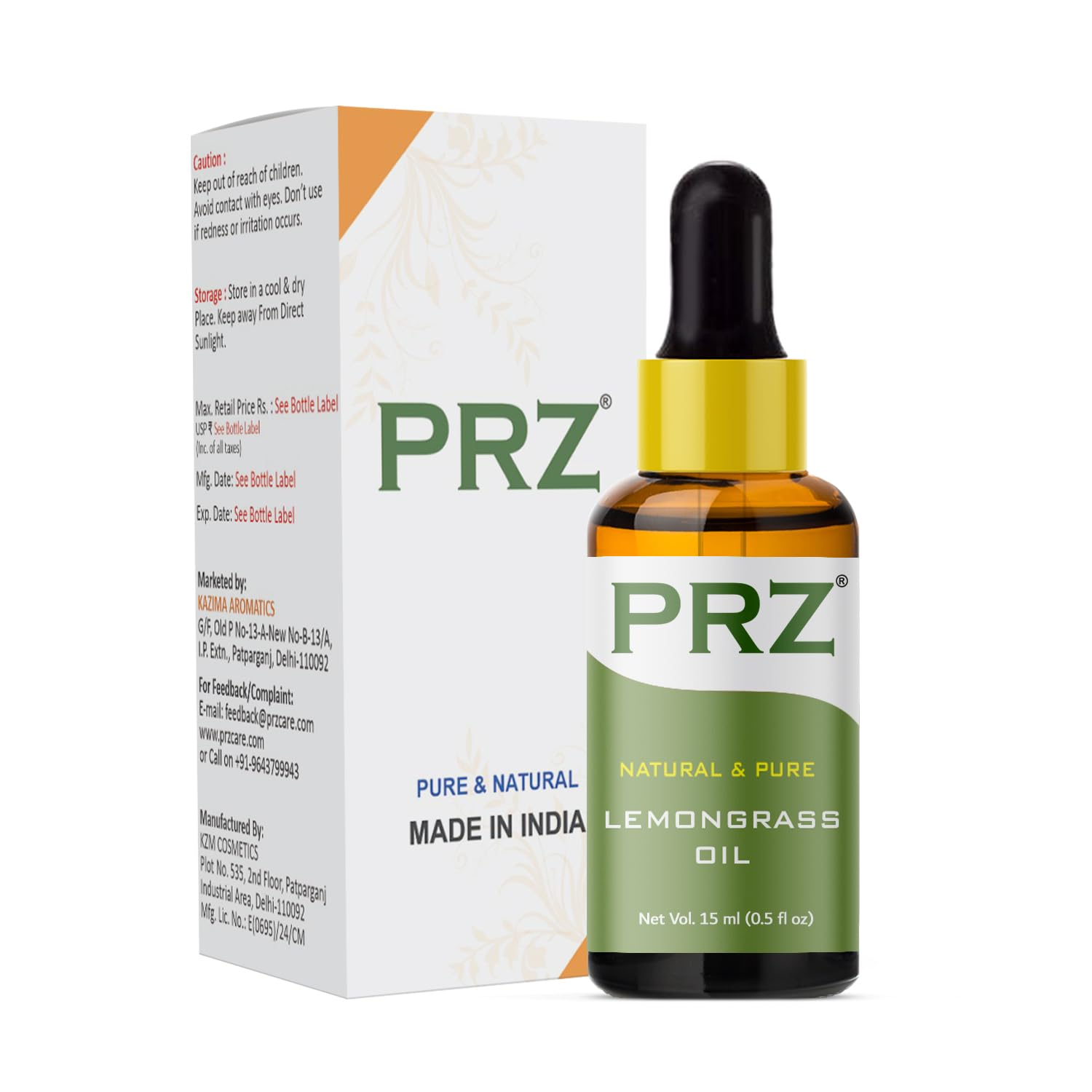 PRZ Lemongrass Essential Oil - 100% Pure Natural Therapeutic Grade for Aromatherapy, Massage, Skin & Hair Care (15ml) - Perfect for Relaxation, Stress Relief & DIY Beauty Products
