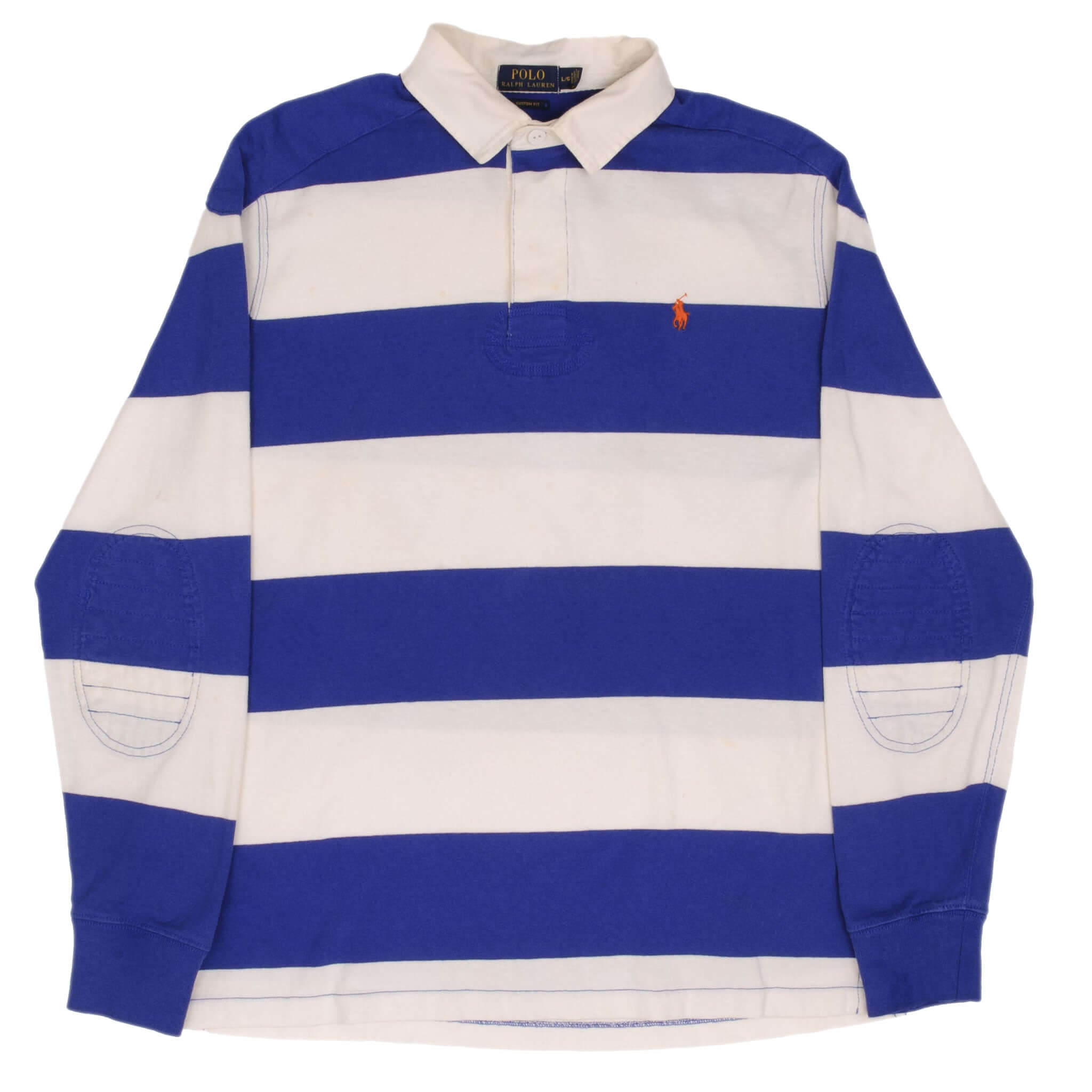 RALPH LAUREN Men's Blue & White Striped Rugby Polo Shirt - Size Large - Classic Cotton Casual Wear for Golf, Work & Weekend Outings