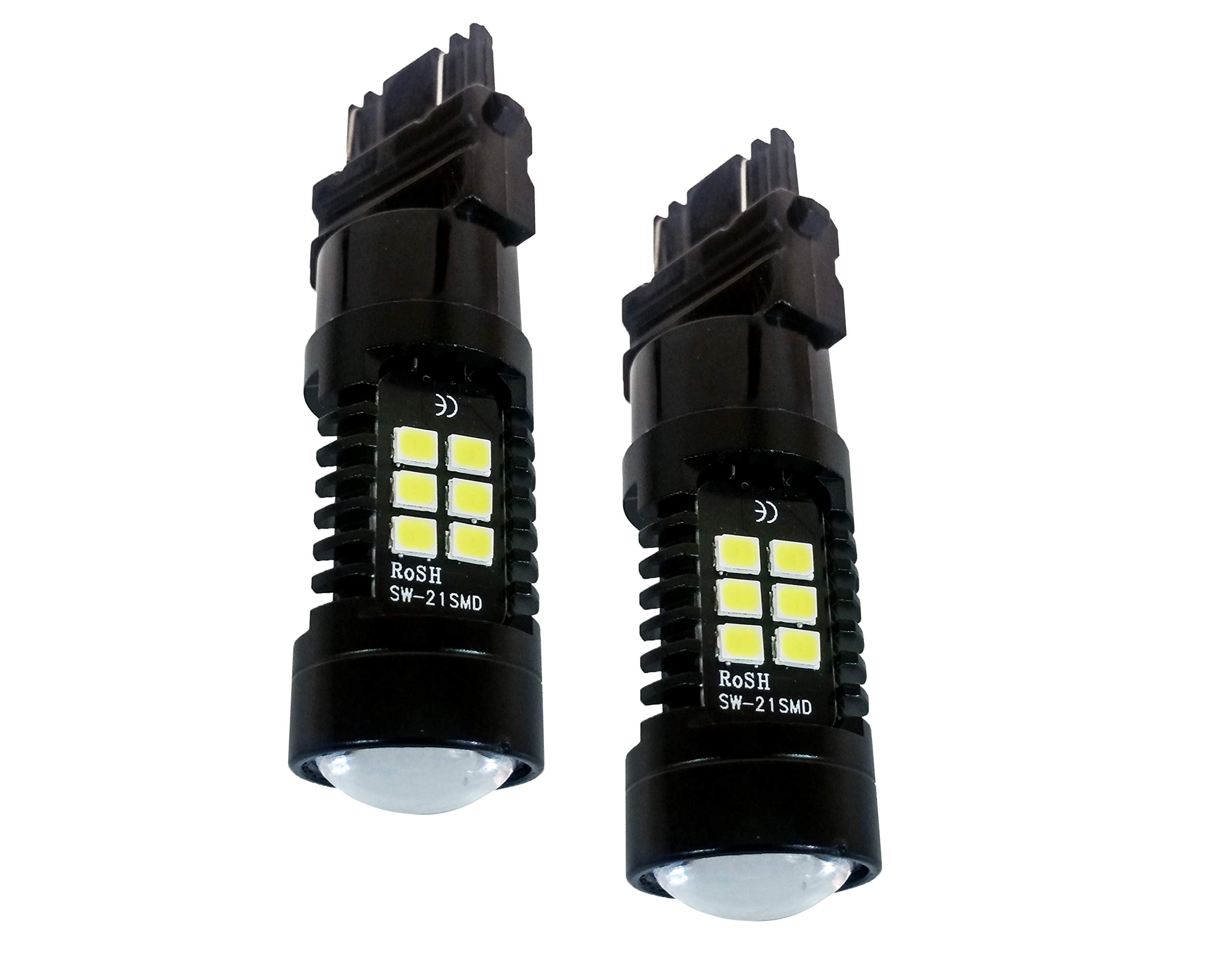 2-Pack White LED 3157 3156 3057 3056 Bulbs - 3-Sided Dual Intensity 21SMD Projector Lens for Running Tail, Brake, Turn Signal & Reverse Lights (12V-24V) - Perfect for Cars, Trucks, SUVs & Motorcycles