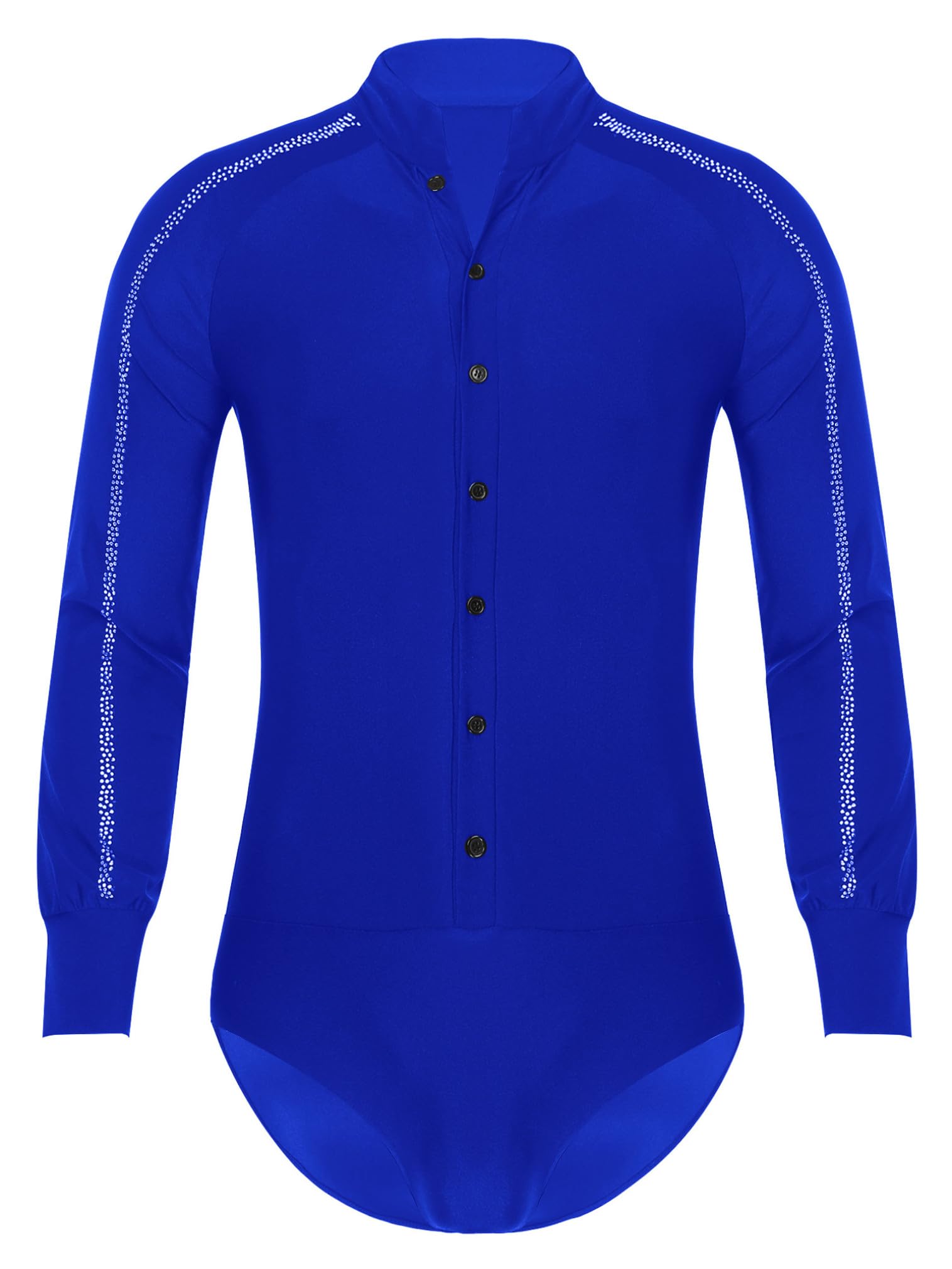 FEESHOW Men's Sparkly Rhinestone Latin Ballroom Dance Shirt - Stand Collar Button Down Leotard Top for Salsa, Tango & Performance Costume