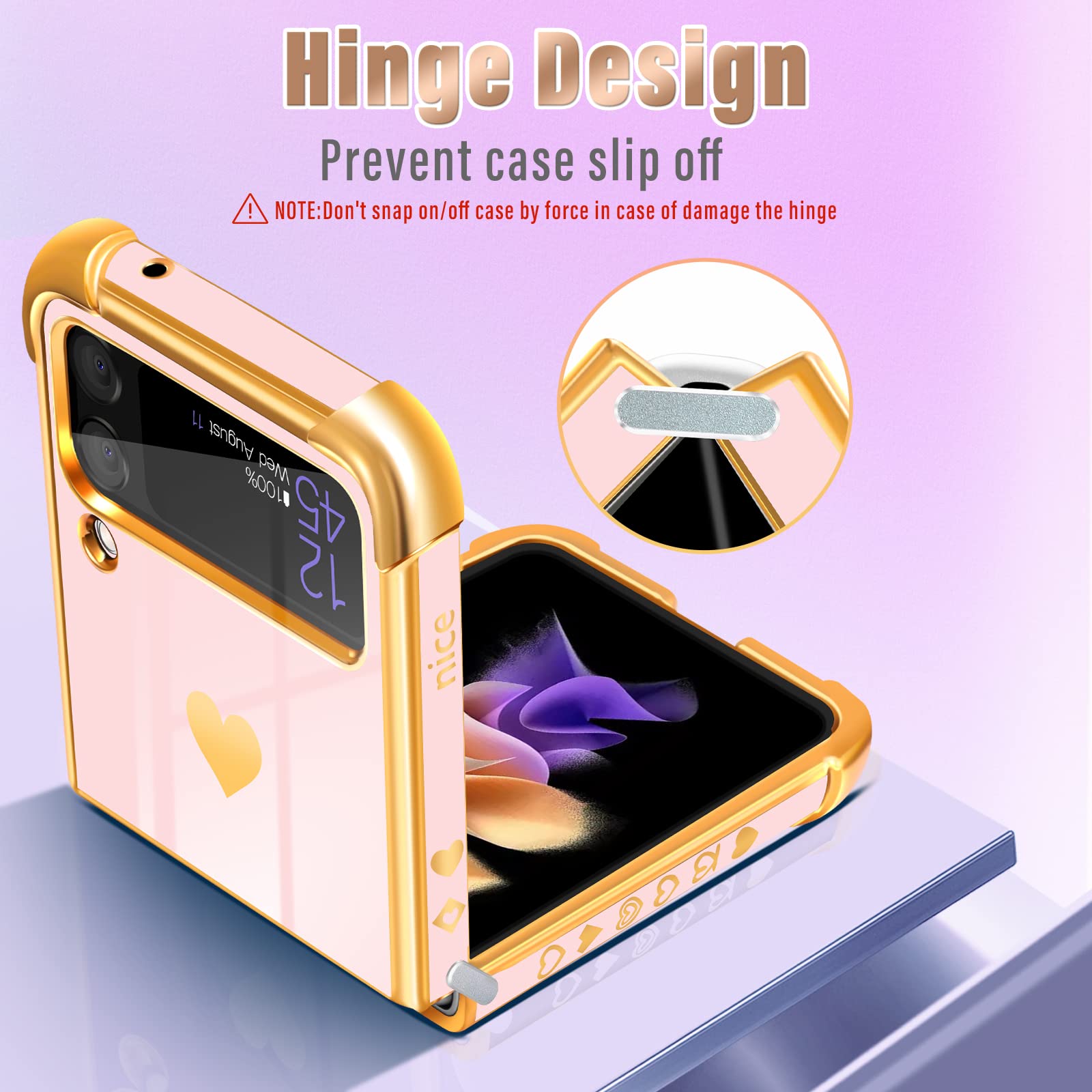 Luxury Gold Plated Heart Design Samsung Galaxy Z Flip 3 Phone Case - Trendy Aesthetic Cover with Chain for Women & Girls | Perfect for Daily Use, Parties & Special Occasions | Compatible with Galaxy Z Flip 3 5G 6.7