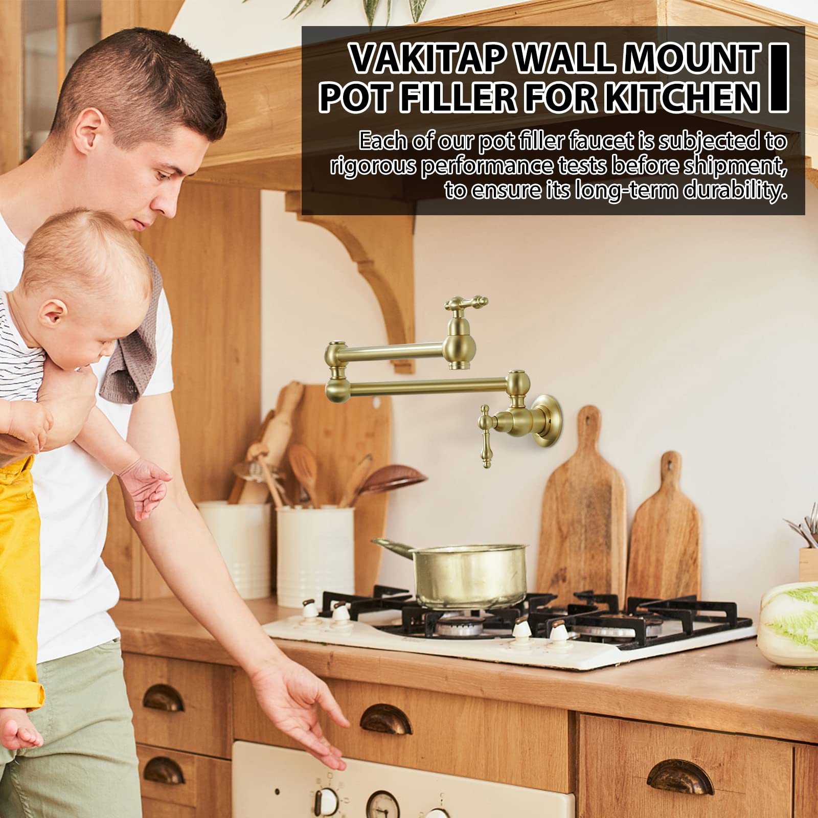 Brushed Gold Pot Filler Faucet - Wall Mount Brass Traditional Kitchen Faucet with Double Joint Swing Arms for Stove (3005-BG) - Perfect for Cooking, Soup Making & Pasta Preparation