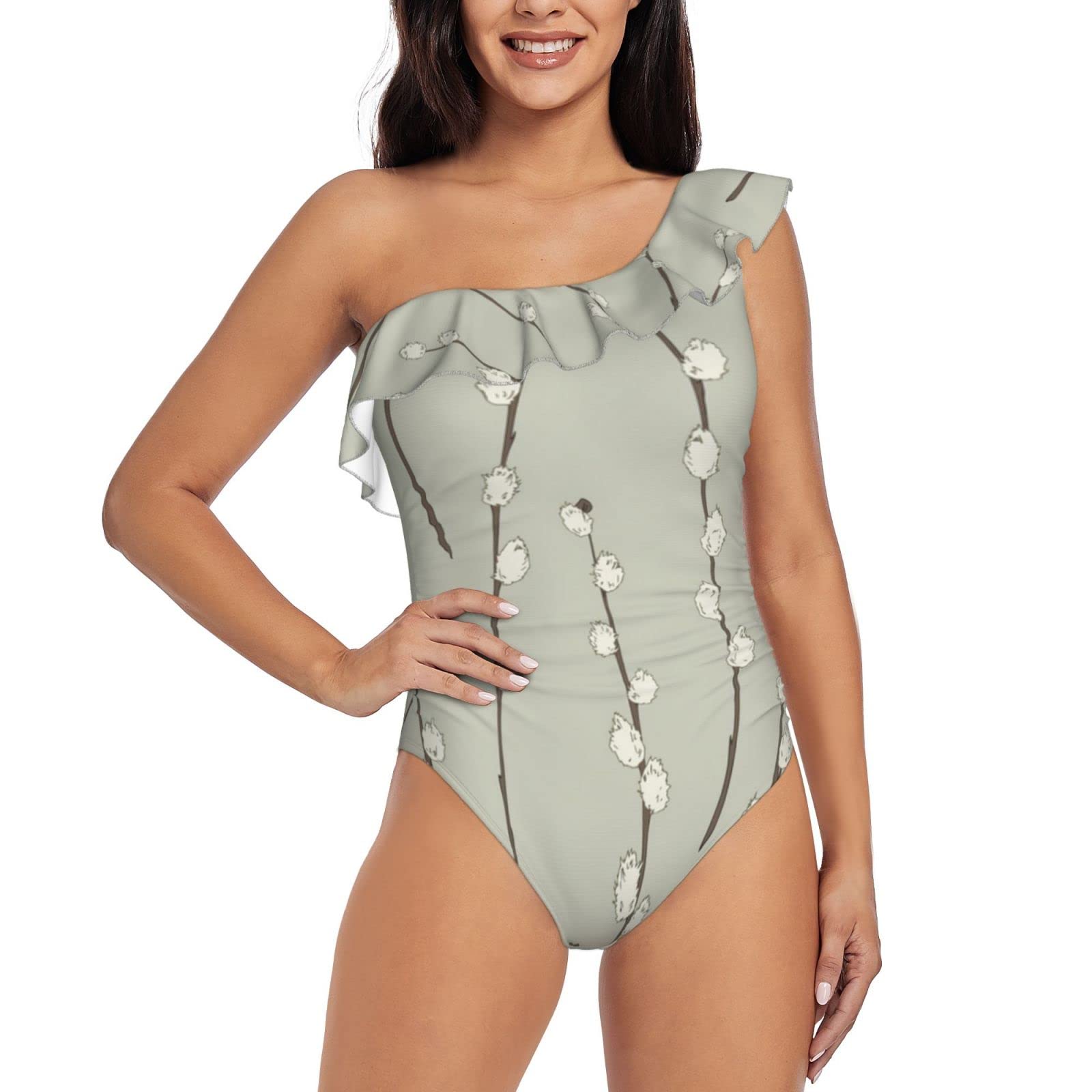 Women's One Shoulder Asymmetric Ruffle Monokini Swimwear - Floral Willow Branch Print One Piece Bathing Suit for Beach, Pool & Vacation