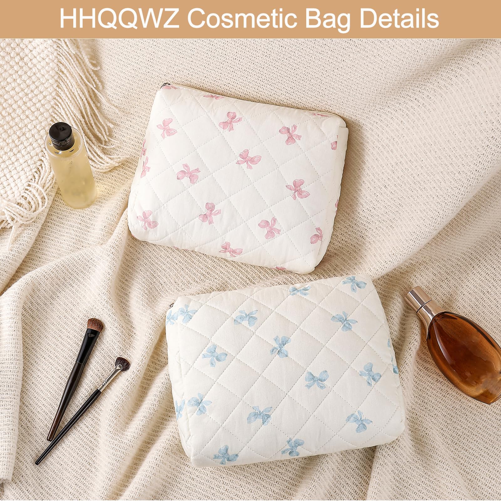 Quilted Cotton Makeup Bag for Women - Large Floral Cosmetic Organizer with Zipper, Travel Toiletry Storage Bag (Pink Bow Tie) - Perfect for Travel, Home & Gift Giving