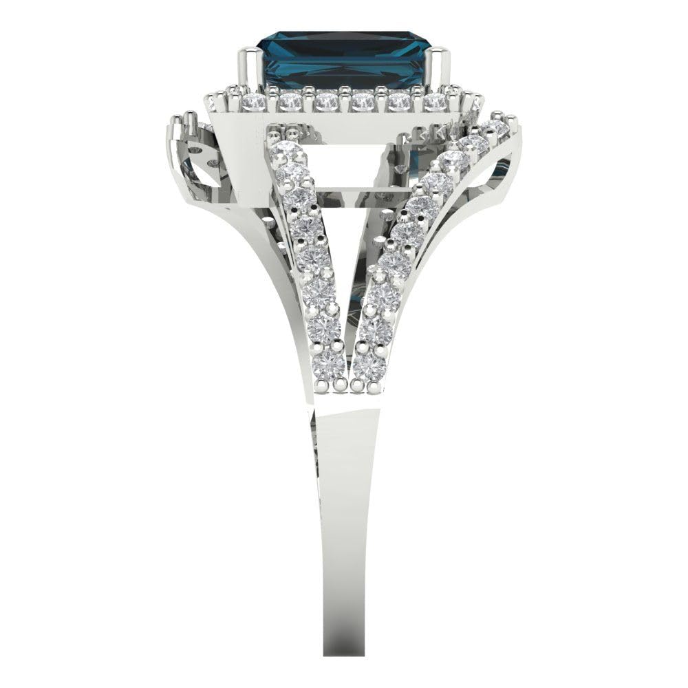 2.10 Carat Emerald Cut Solitaire Halo Criss Cross Natural London Blue Topaz Engagement Ring for Women - 14K White Gold Wedding Band, Anniversary Gift, Bridal Jewelry for Her (Perfect for Proposals, Valentine's Day & Special Occasions)